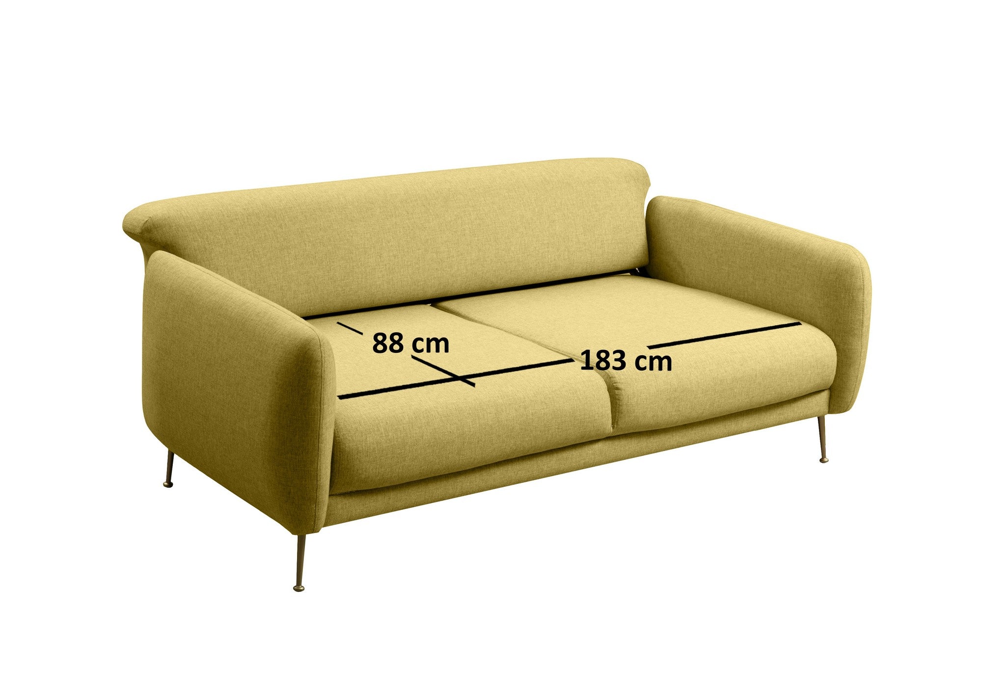 Sofá-cama elegante de 3 lugares, amarelo, 214 x 98 x 85 cm | Estrutura em madeira de faia, 100% poliéster, espuma cinza macia | Perfeito para decoração glamorosa e escandinava