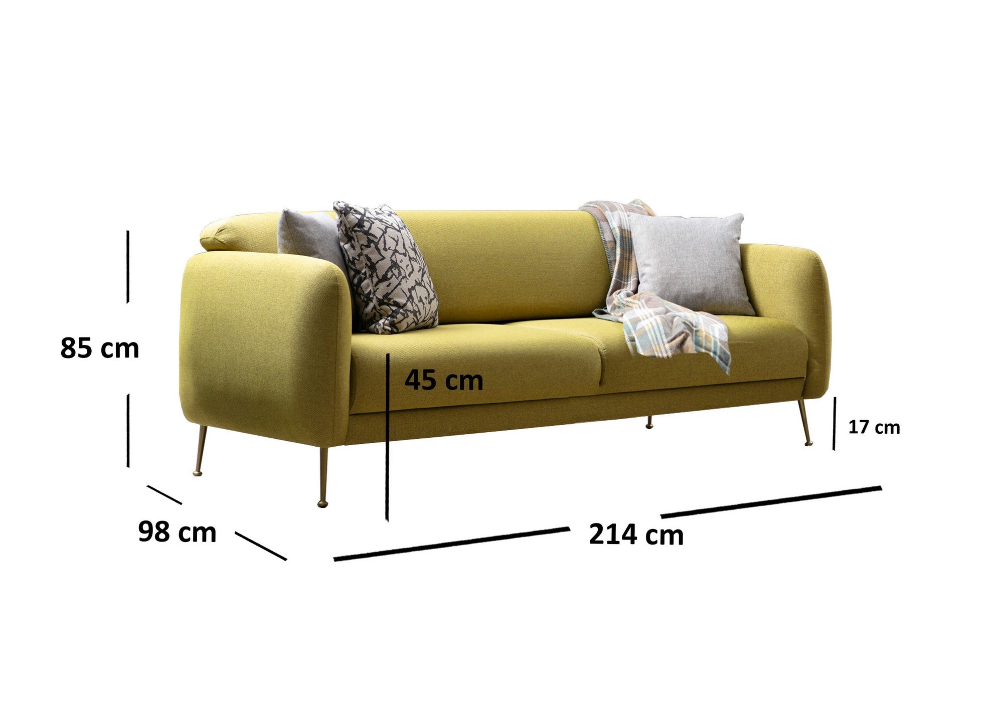 Sofá-cama elegante de 3 lugares, amarelo, 214 x 98 x 85 cm | Estrutura em madeira de faia, 100% poliéster, espuma cinza macia | Perfeito para decoração glamorosa e escandinava