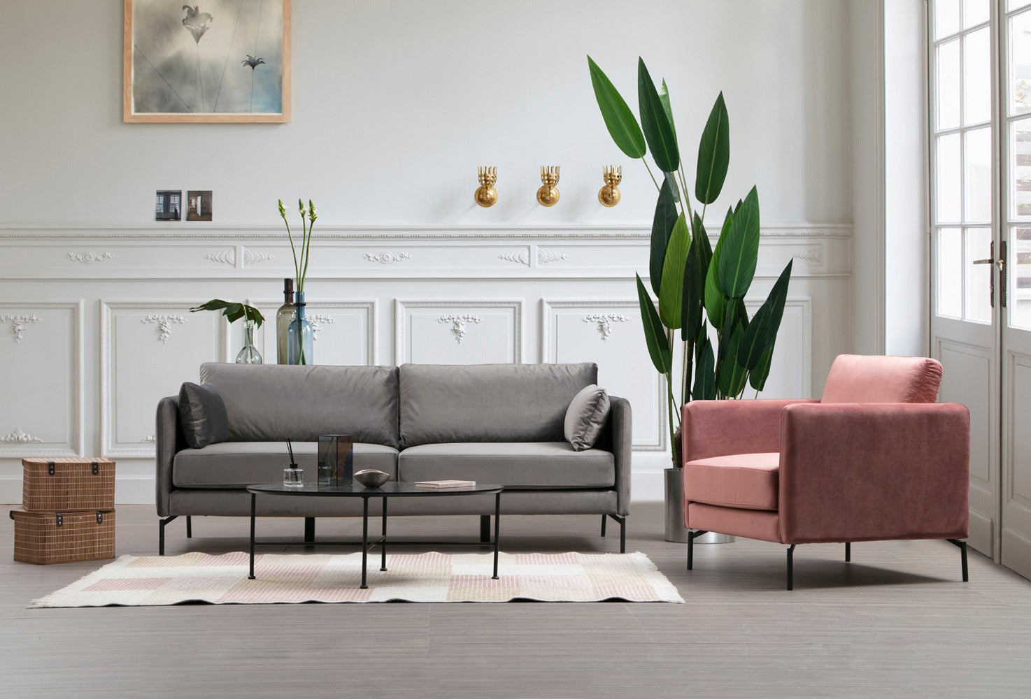 Sofá elegante de 3 lugares, poliéster cinza, 217 x 87 x 90 cm | Pernas de madeira de faia e nogueira | Almofadas de espuma macia, design fixo | Perfeito para espaços modernos