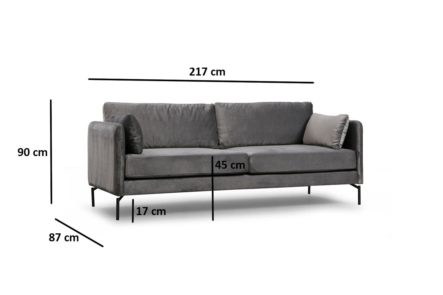 Sofá elegante de 3 lugares, poliéster cinza, 217 x 87 x 90 cm | Pernas de madeira de faia e nogueira | Almofadas de espuma macia, design fixo | Perfeito para espaços modernos