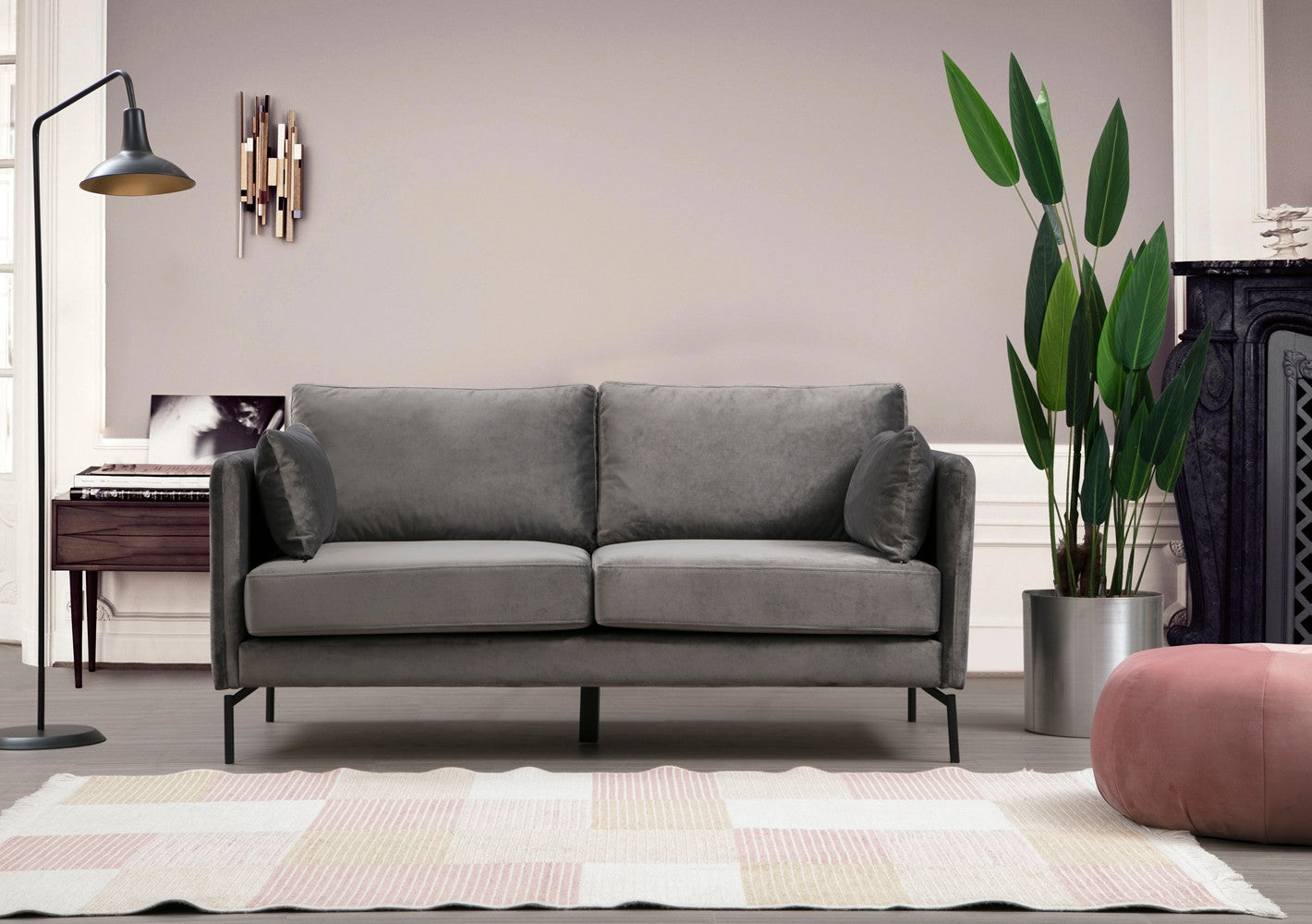 Sofá elegante de 2 lugares, poliéster cinza, 177 x 87 x 90 cm | Estrutura em madeira de faia e aglomerado, pernas de metal | Perfeito para decoração industrial e hoteleira moderna