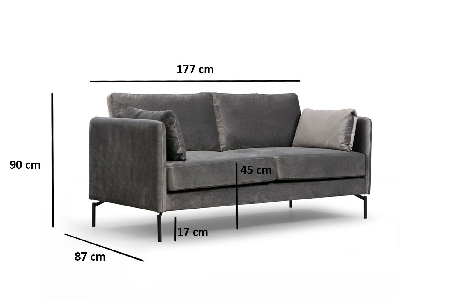 Sofá elegante de 2 lugares, poliéster cinza, 177 x 87 x 90 cm | Estrutura em madeira de faia e aglomerado, pernas de metal | Perfeito para decoração industrial e hoteleira moderna
