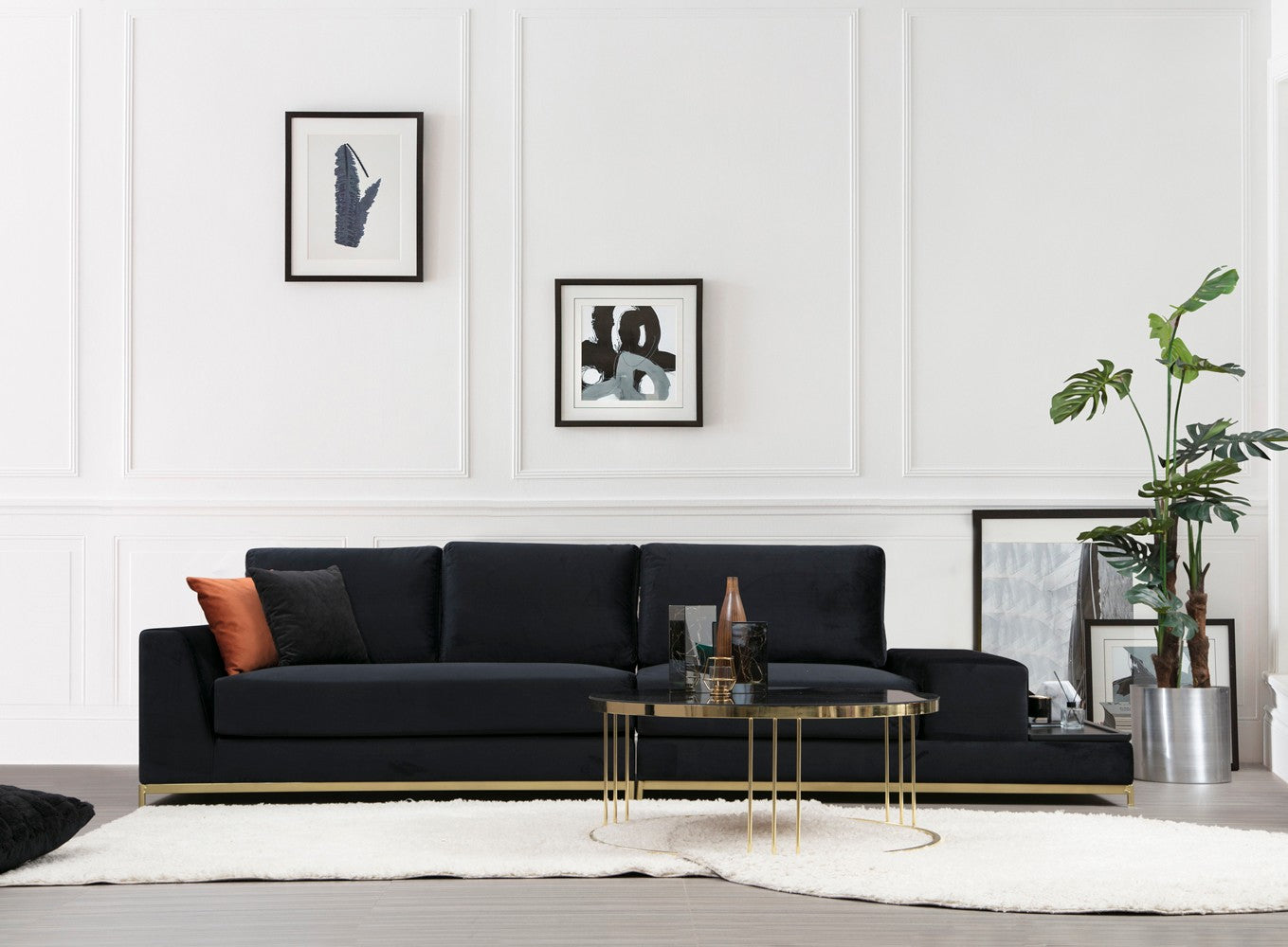 Sofá elegante de 4 lugares, preto e dourado, 320 cm | Estrutura em madeira de faia, 100% poliéster, espuma cinza macia | Almofadas portáteis, tecido lavável a seco, design glamoroso