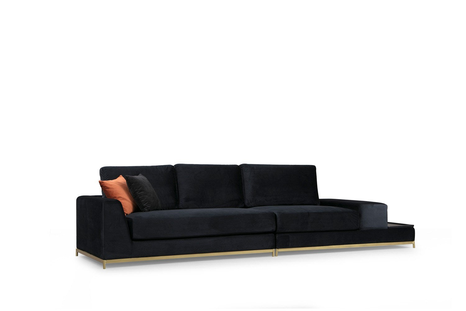 Sofá elegante de 4 lugares, preto e dourado, 320 cm | Estrutura em madeira de faia, 100% poliéster, espuma cinza macia | Almofadas portáteis, tecido lavável a seco, design glamoroso