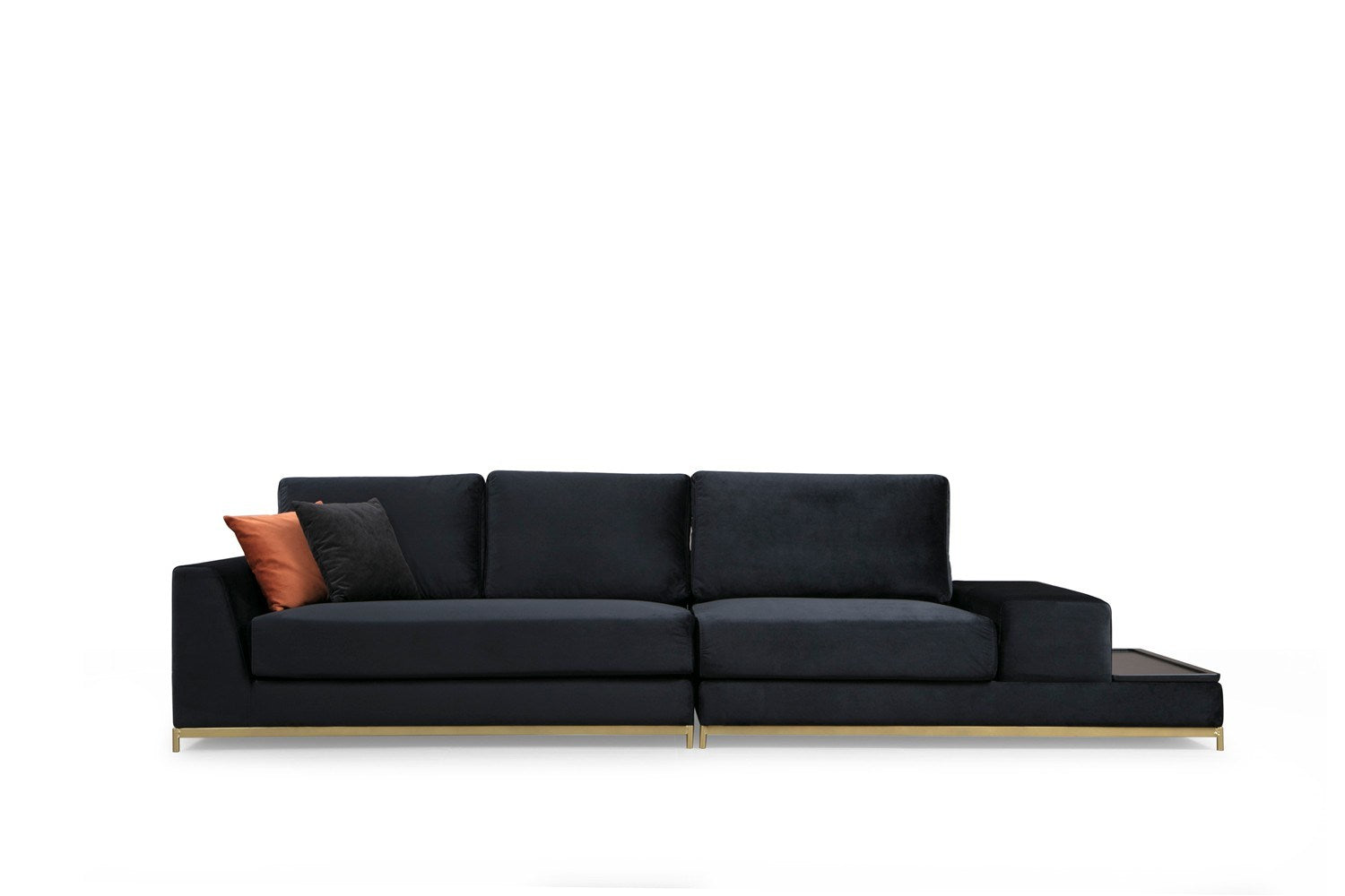 Sofá elegante de 4 lugares, preto e dourado, 320 cm | Estrutura em madeira de faia, 100% poliéster, espuma cinza macia | Almofadas portáteis, tecido lavável a seco, design glamoroso