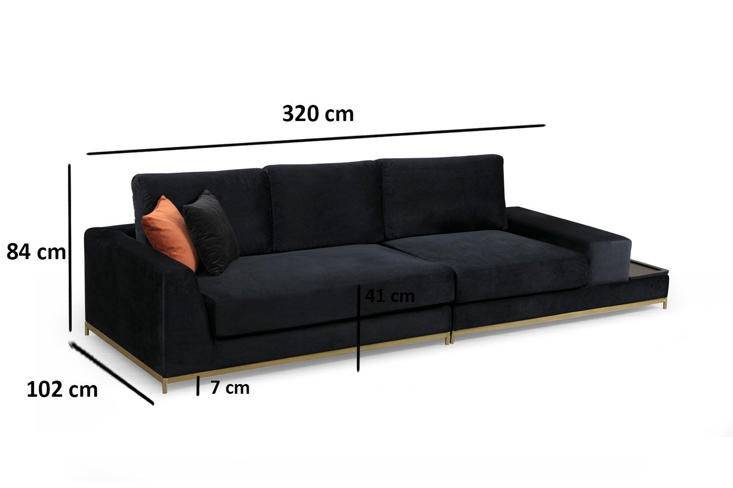 Sofá elegante de 4 lugares, preto e dourado, 320 cm | Estrutura em madeira de faia, 100% poliéster, espuma cinza macia | Almofadas portáteis, tecido lavável a seco, design glamoroso