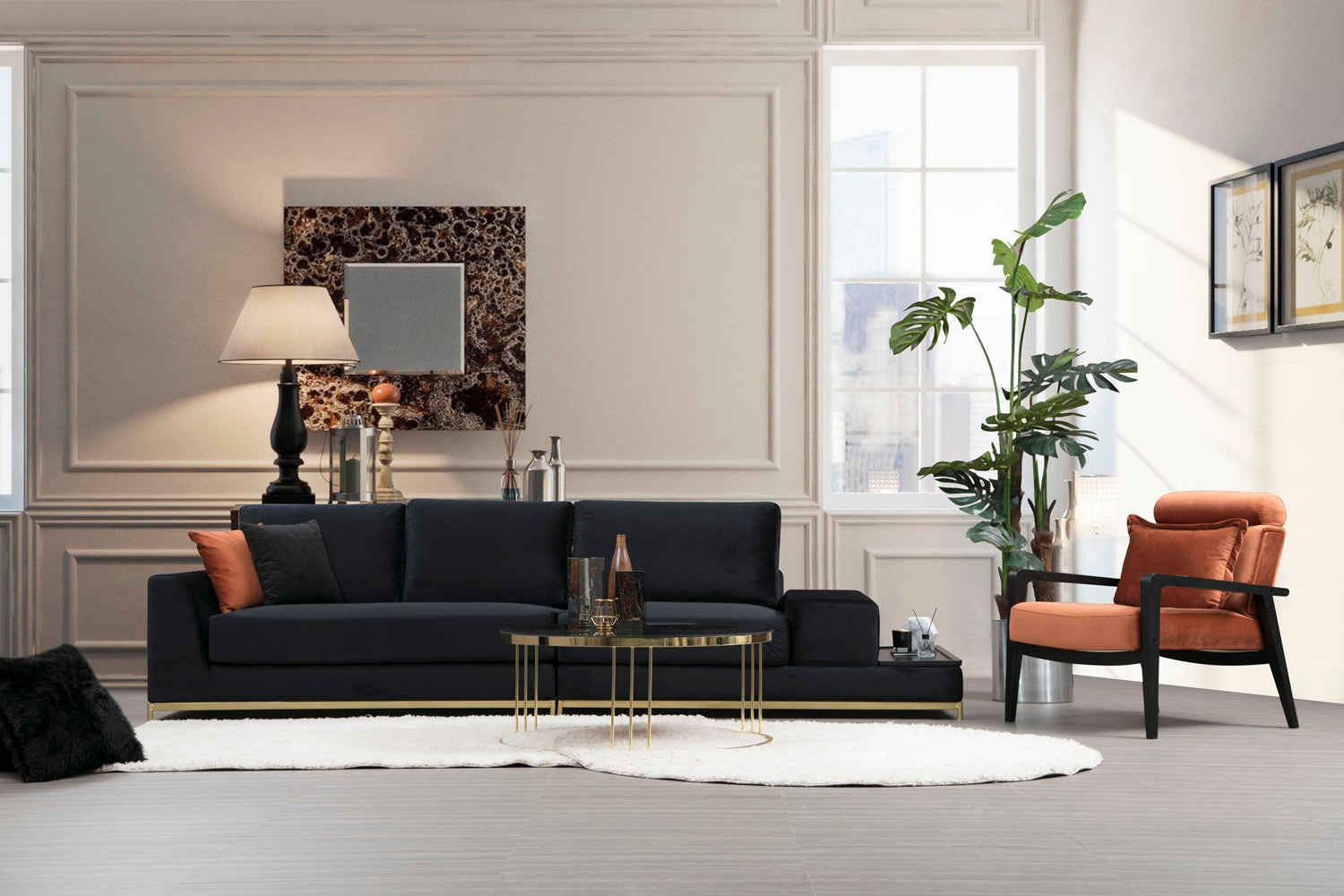 Sofá elegante de 4 lugares, preto e dourado, 320 cm | Estrutura em madeira de faia, 100% poliéster, espuma cinza macia | Almofadas portáteis, tecido lavável a seco, design glamoroso