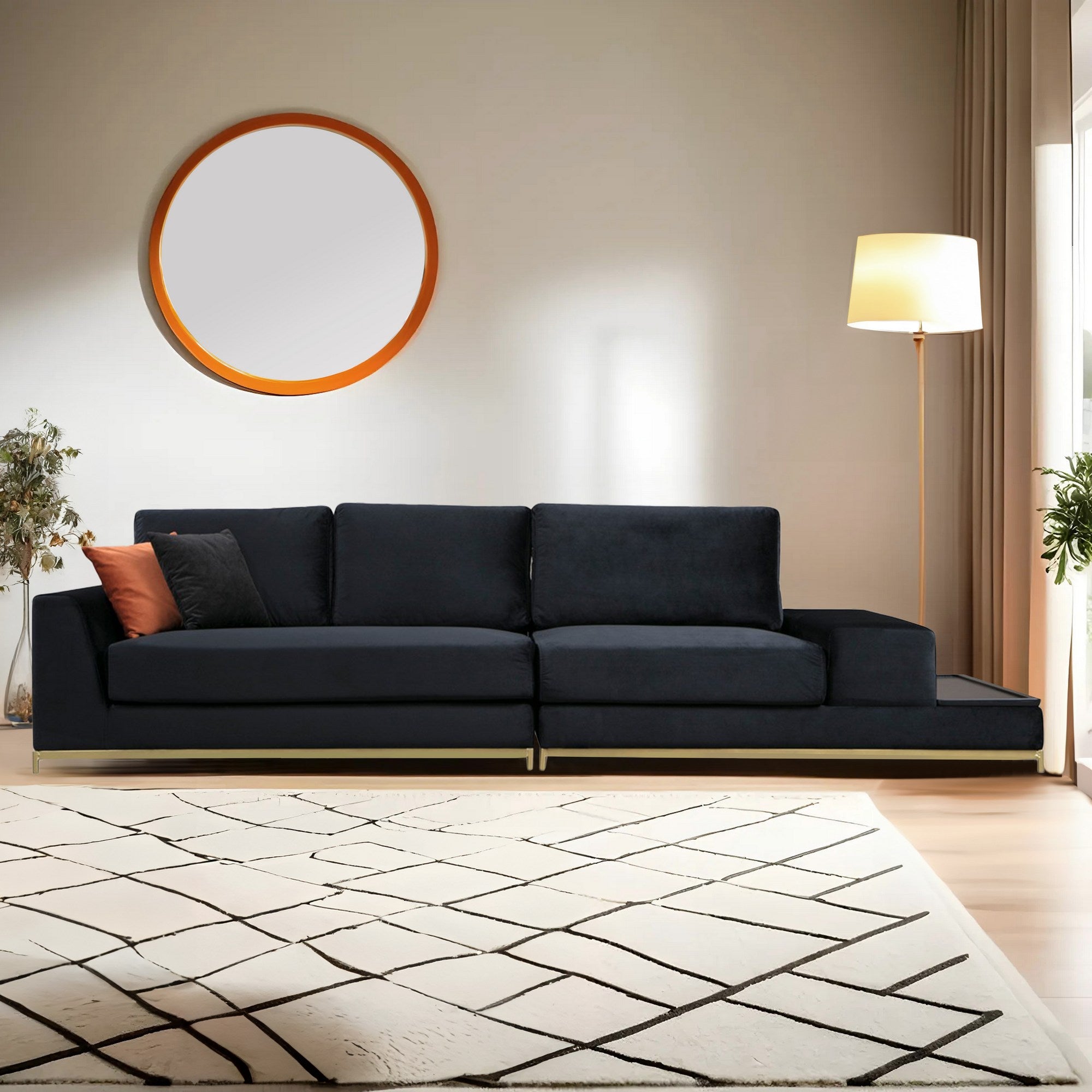 Sofá elegante de 4 lugares, preto e dourado, 320 cm | Estrutura em madeira de faia, 100% poliéster, espuma cinza macia | Almofadas portáteis, tecido lavável a seco, design glamoroso