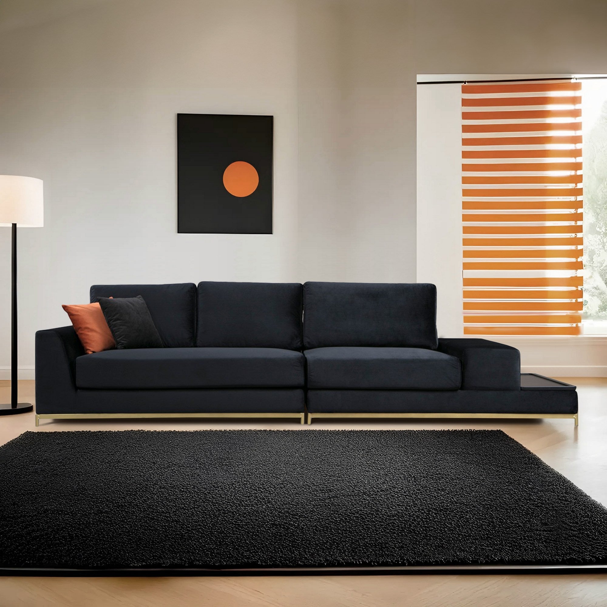 Sofá elegante de 4 lugares, preto e dourado, 320 cm | Estrutura em madeira de faia, 100% poliéster, espuma cinza macia | Almofadas portáteis, tecido lavável a seco, design glamoroso