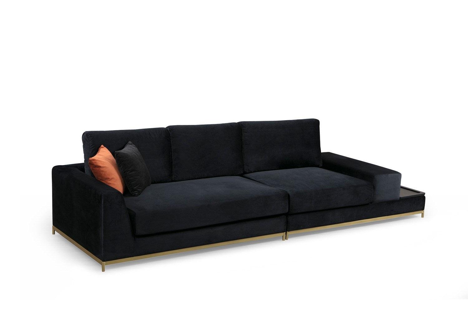 Sofá elegante de 4 lugares, preto e dourado, 320 cm | Estrutura em madeira de faia, 100% poliéster, espuma cinza macia | Almofadas portáteis, tecido lavável a seco, design glamoroso