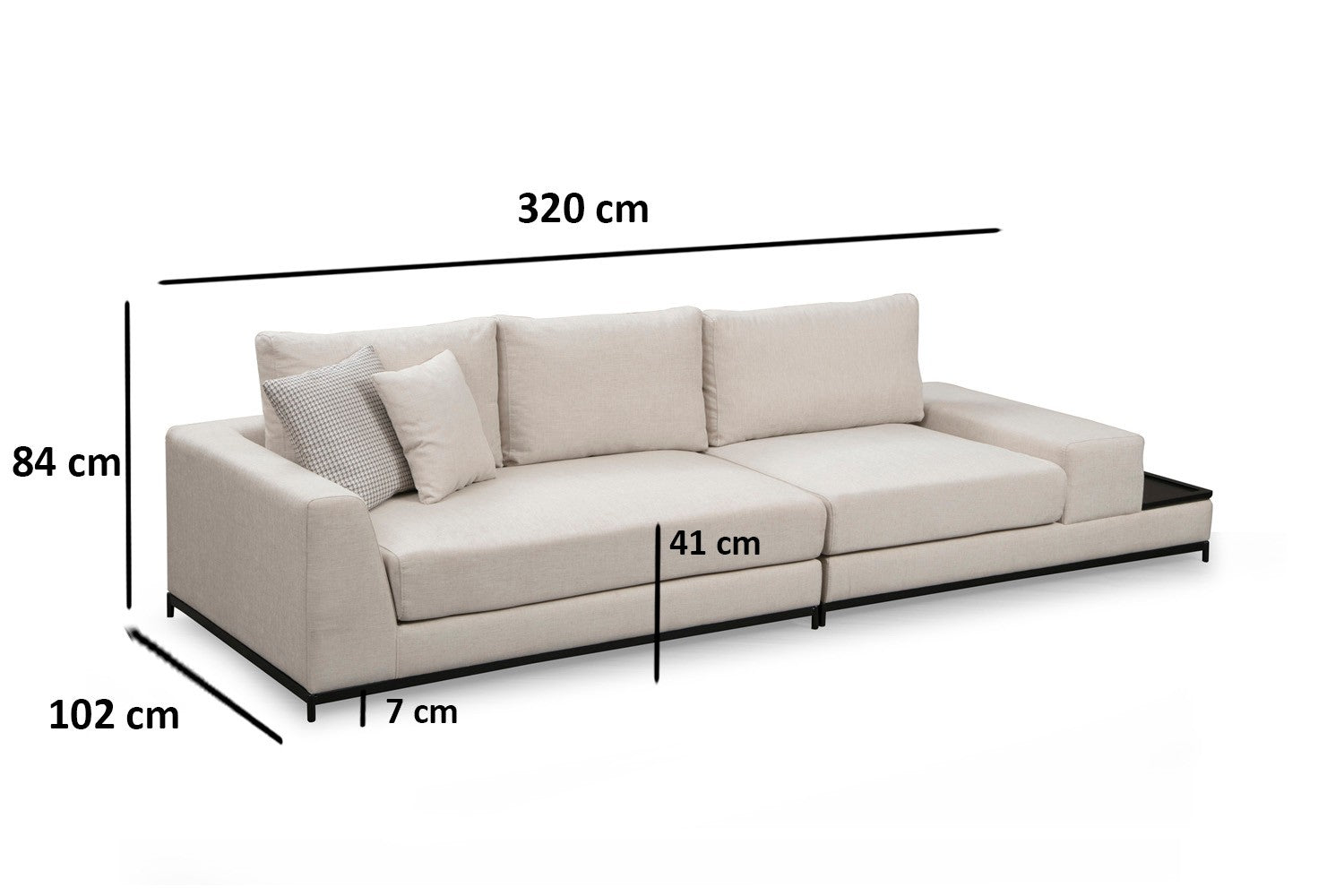 Sofá elegante de 4 lugares, bege, 320 cm | Estrutura em madeira de faia e aglomerado, 100% poliéster, espuma cinza macia | Almofadas portáteis, pernas de metal, design moderno