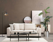 Sofá elegante de 2 lugares, bege, 201 x 102 x 84 cm | Estrutura em madeira de faia e aglomerado, 100% poliéster, almofadas de espuma cinza macia | Design industrial moderno com pernas em preto fosco