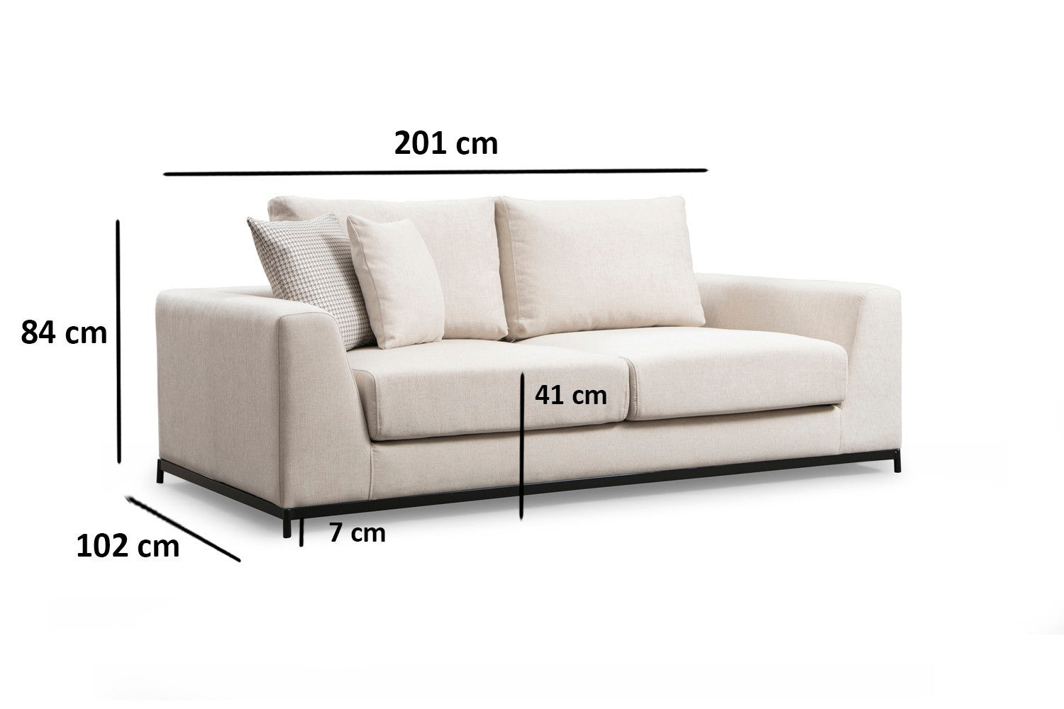 Sofá elegante de 2 lugares, bege, 201 x 102 x 84 cm | Estrutura em madeira de faia e aglomerado, 100% poliéster, almofadas de espuma cinza macia | Design industrial moderno com pernas em preto fosco