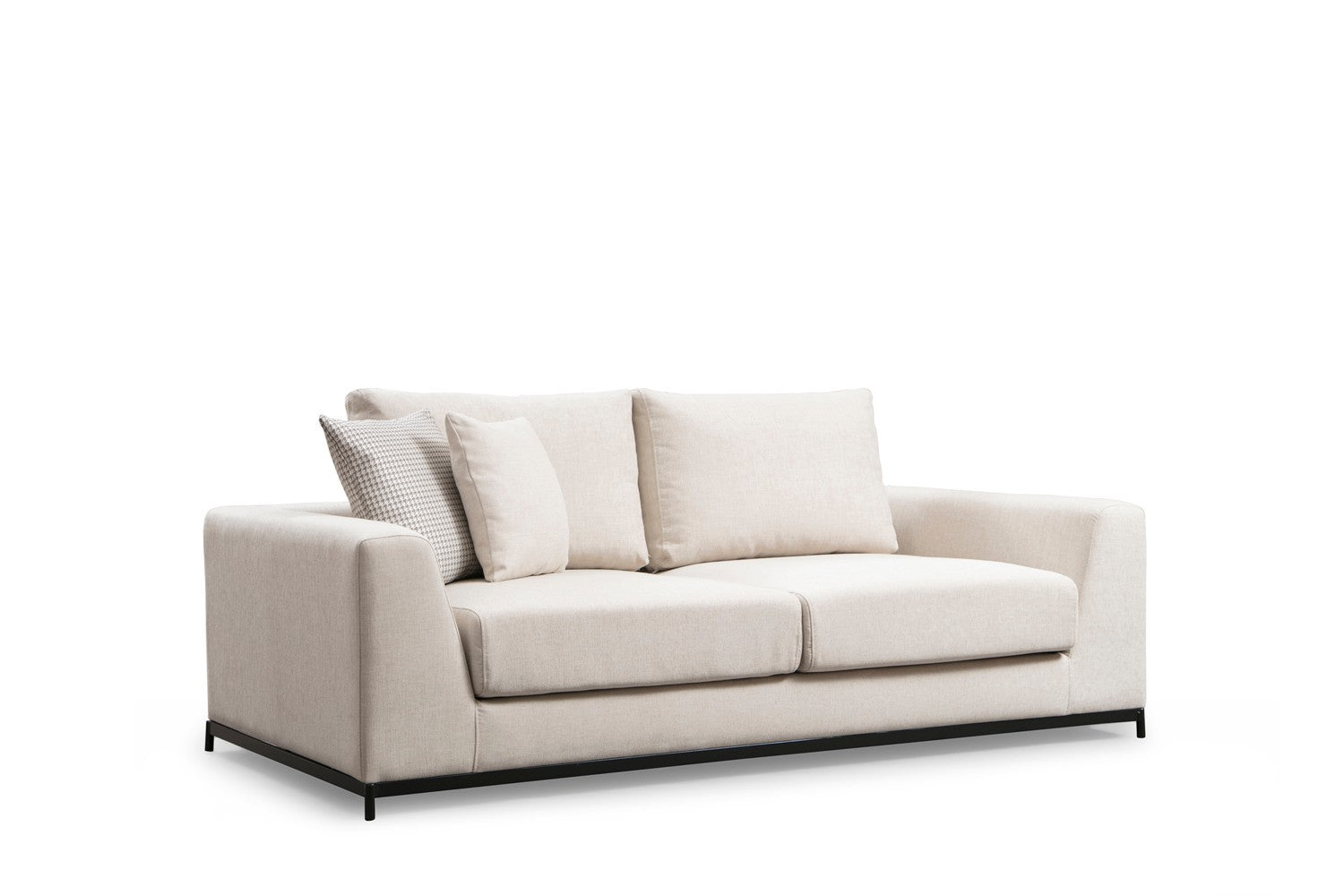 Sofá elegante de 2 lugares, bege, 201 x 102 x 84 cm | Estrutura em madeira de faia e aglomerado, 100% poliéster, almofadas de espuma cinza macia | Design industrial moderno com pernas em preto fosco