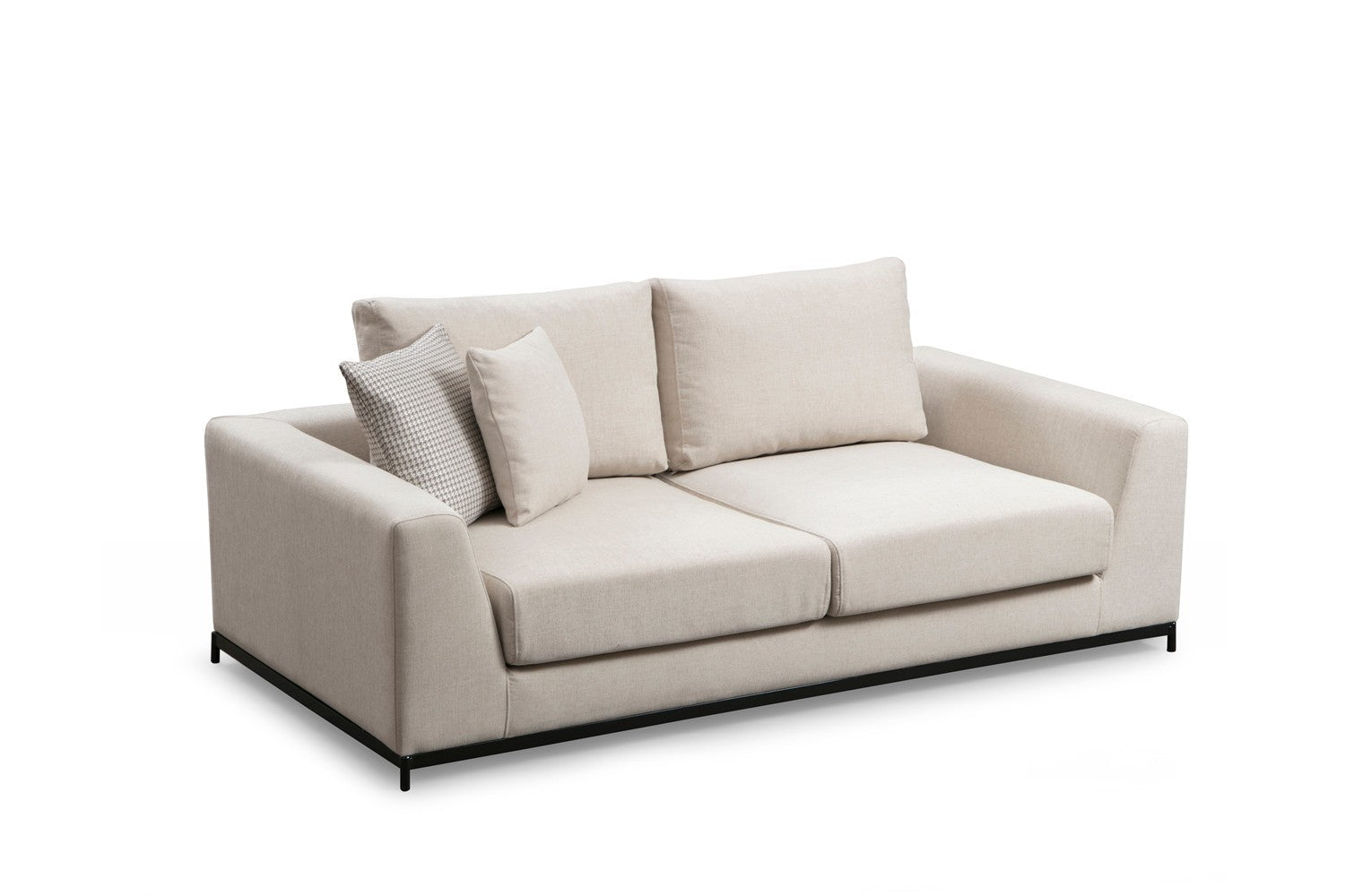 Sofá elegante de 2 lugares, bege, 201 x 102 x 84 cm | Estrutura em madeira de faia e aglomerado, 100% poliéster, almofadas de espuma cinza macia | Design industrial moderno com pernas em preto fosco