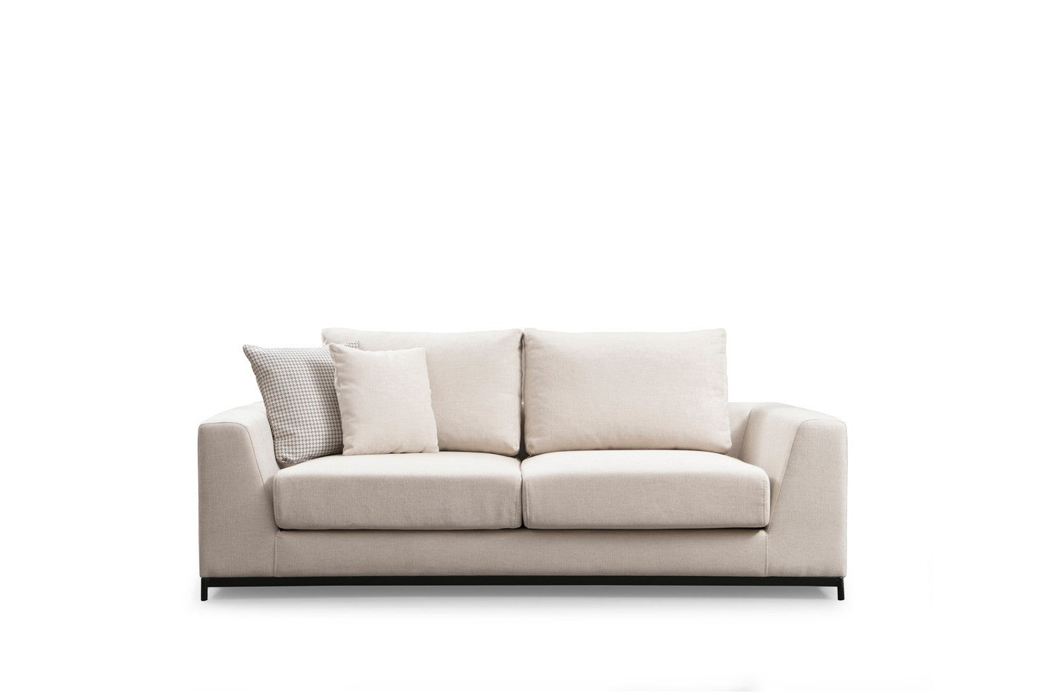 Sofá elegante de 2 lugares, bege, 201 x 102 x 84 cm | Estrutura em madeira de faia e aglomerado, 100% poliéster, almofadas de espuma cinza macia | Design industrial moderno com pernas em preto fosco