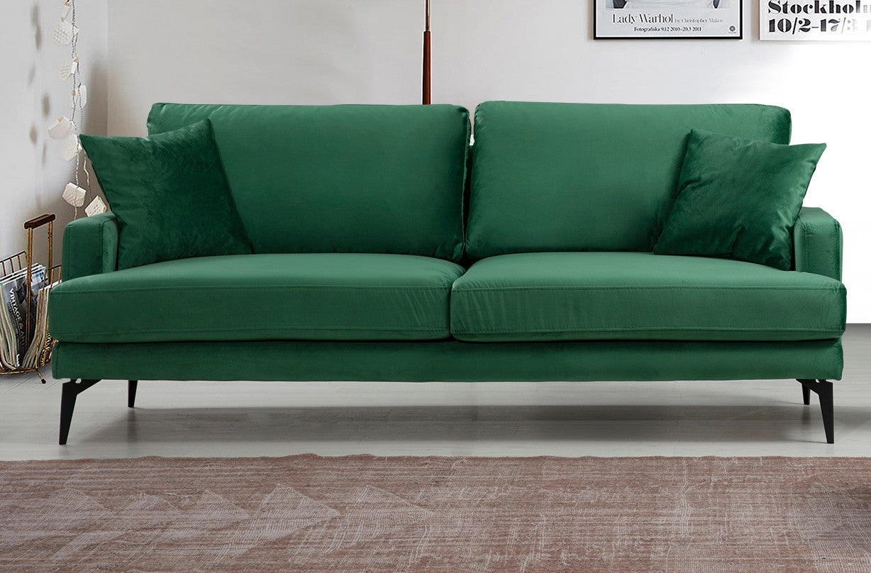 Sofá elegante de 3 lugares, verde, 205 x 90 x 88 cm | Estrutura em madeira de faia e aglomerado, 100% poliéster, espuma macia, pernas de metal preto fosco | Inclui 2 almofadas, perfeito para ambientes modernos