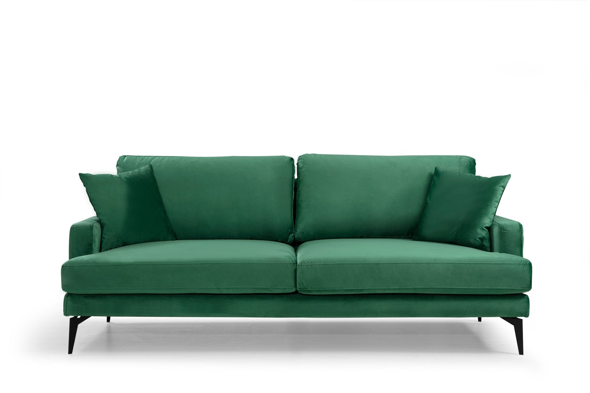 Sofá elegante de 3 lugares, verde, 205 x 90 x 88 cm | Estrutura em madeira de faia e aglomerado, 100% poliéster, espuma macia, pernas de metal preto fosco | Inclui 2 almofadas, perfeito para ambientes modernos