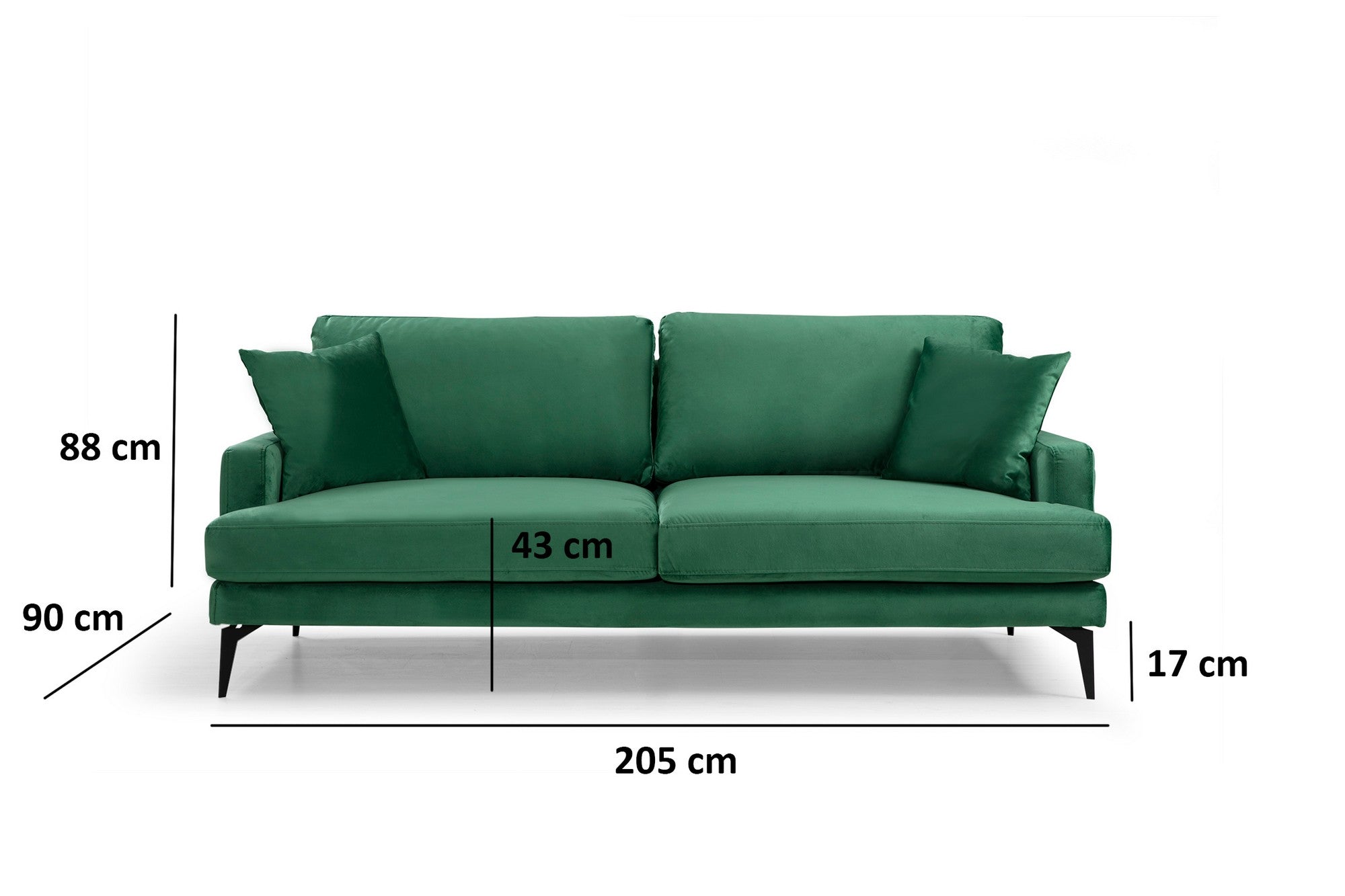Sofá elegante de 3 lugares, verde, 205 x 90 x 88 cm | Estrutura em madeira de faia e aglomerado, 100% poliéster, espuma macia, pernas de metal preto fosco | Inclui 2 almofadas, perfeito para ambientes modernos