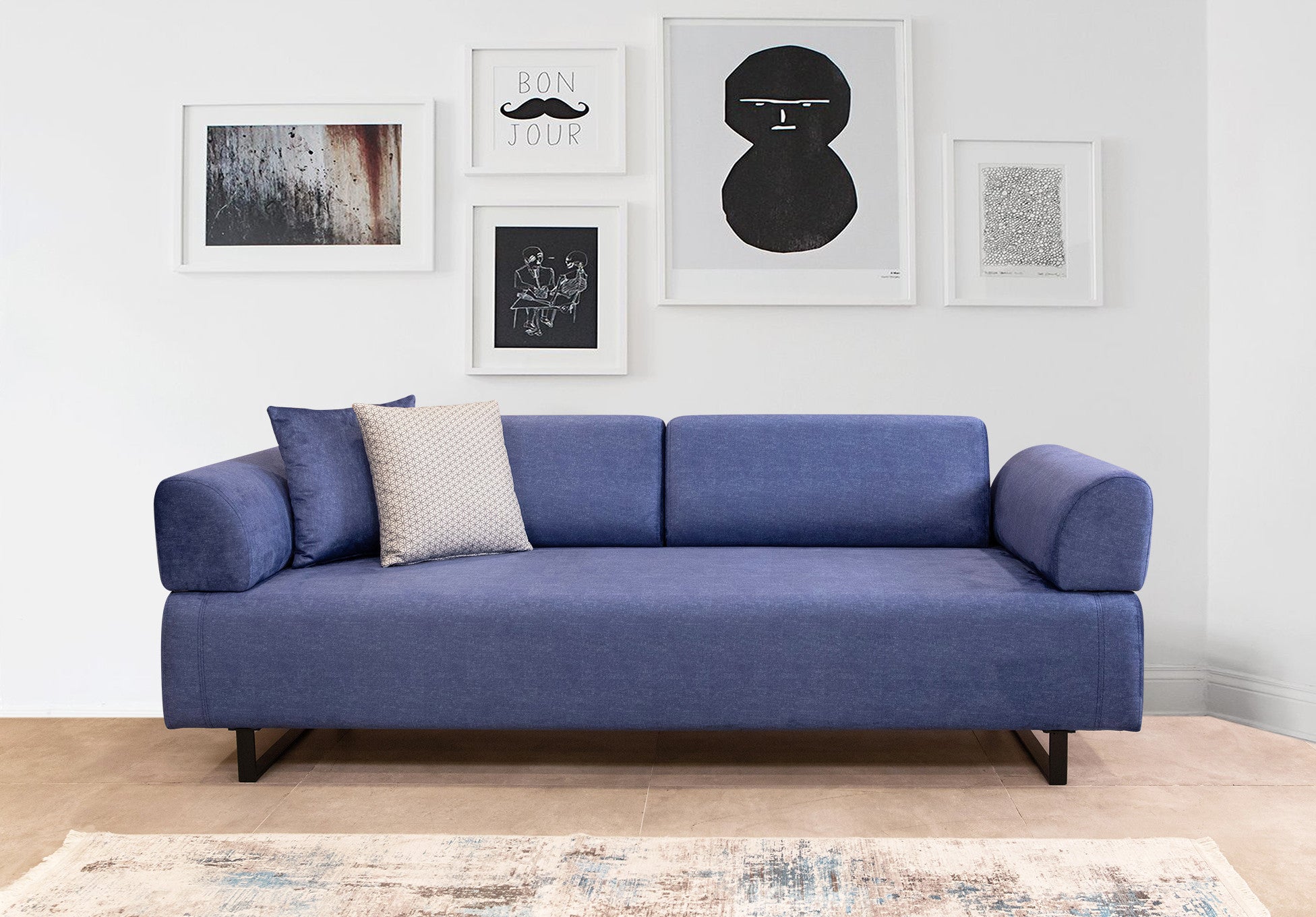 Sofá-cama elegante de 3 lugares, azul, 220 cm | Estrutura em madeira de faia e aglomerado, 100% poliéster | Almofadas portáteis, pernas de metal, perfeito para espaços modernos