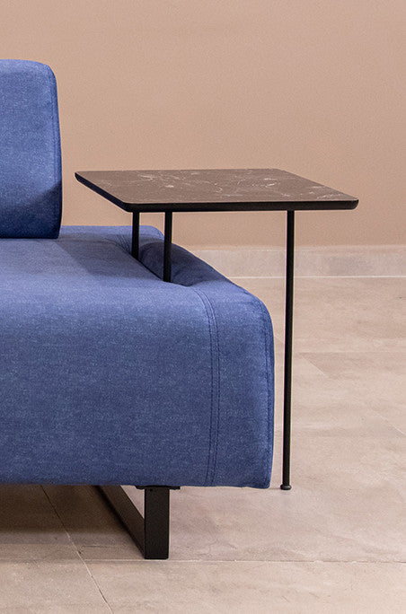 Sofá-cama elegante de 3 lugares, azul, 220 cm | Estrutura em madeira de faia e aglomerado, 100% poliéster | Almofadas portáteis, pernas de metal, perfeito para espaços modernos