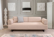 Sofá-cama bege de 3 lugares com estrutura de madeira de faia, almofadas portáteis e pernas de metal preto | 220x90x80 cm | Elegante e funcional para espaços de convivência modernos