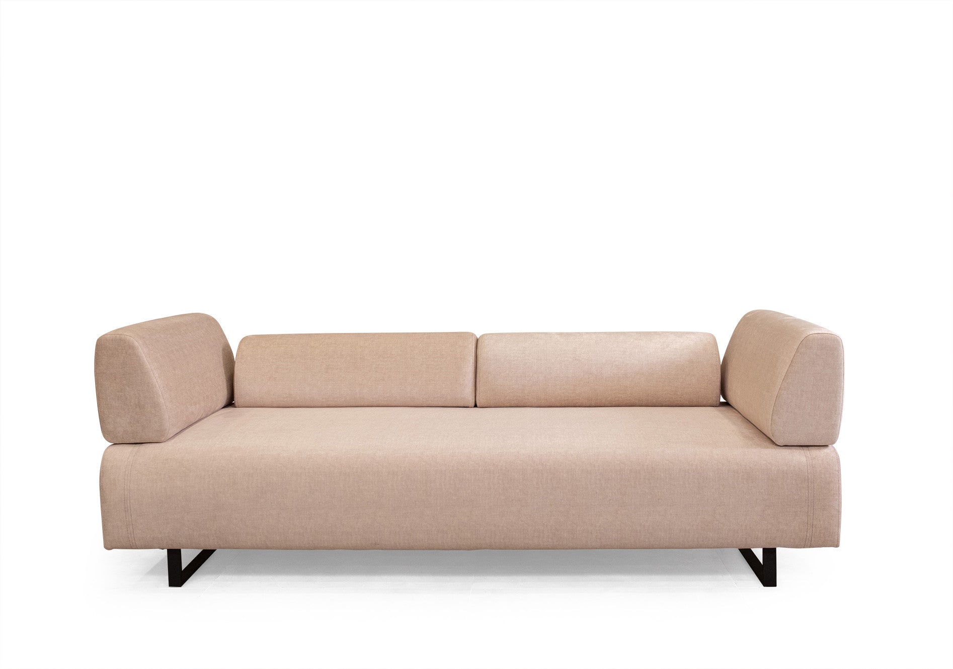 Sofá-cama bege de 3 lugares com estrutura de madeira de faia, almofadas portáteis e pernas de metal preto | 220x90x80 cm | Elegante e funcional para espaços de convivência modernos