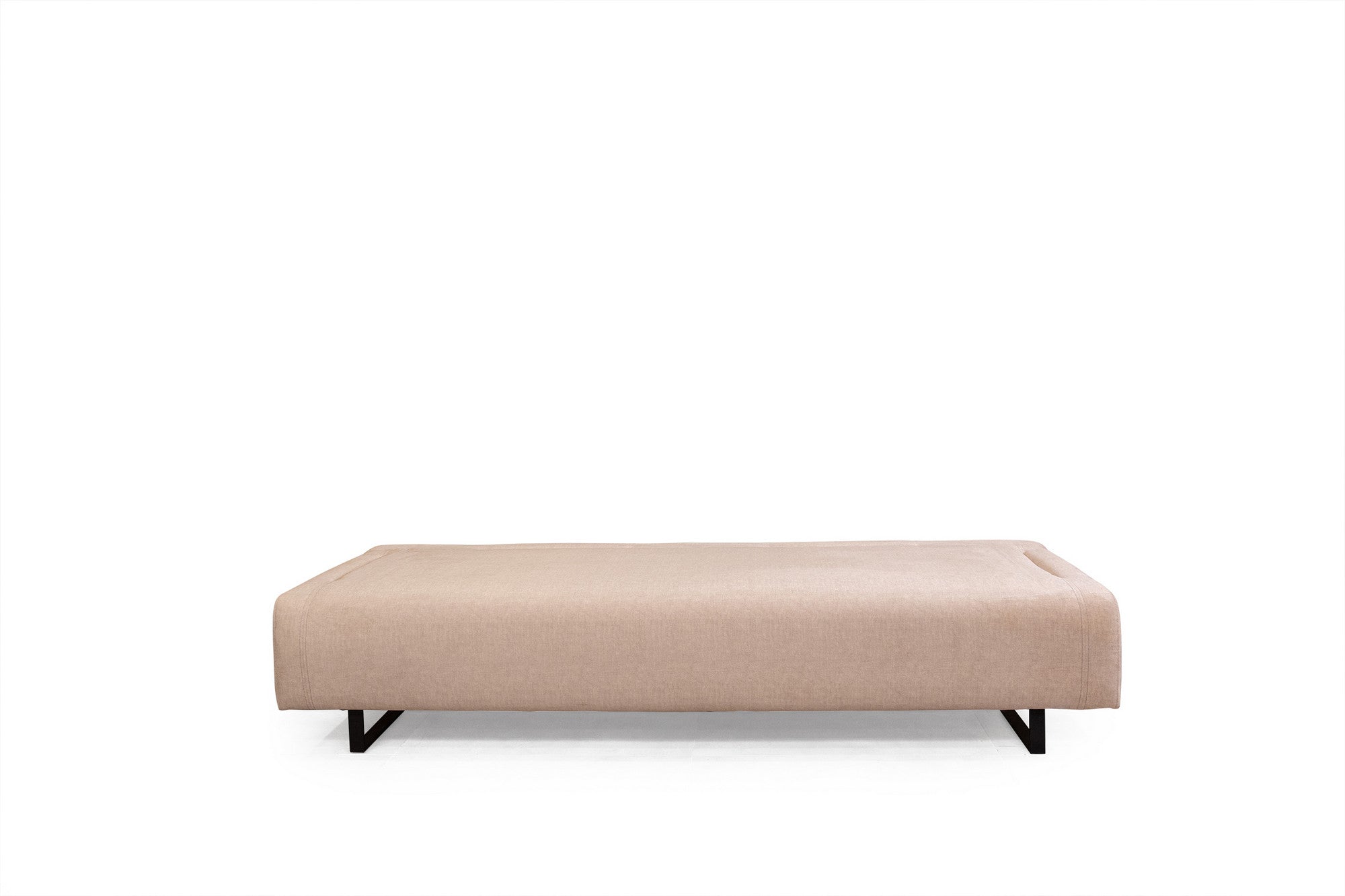 Sofá-cama bege de 3 lugares com estrutura de madeira de faia, almofadas portáteis e pernas de metal preto | 220x90x80 cm | Elegante e funcional para espaços de convivência modernos