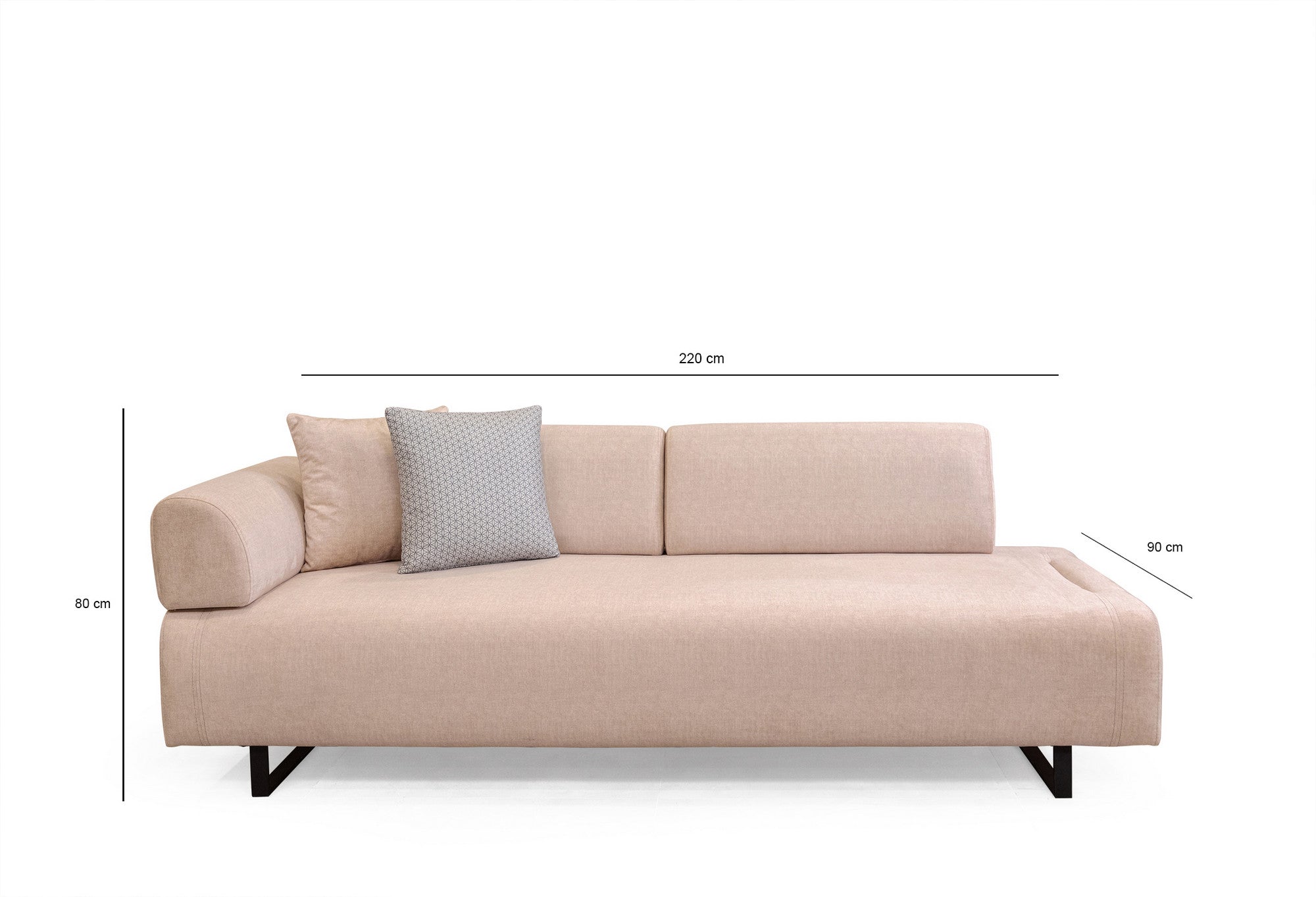 Sofá-cama bege de 3 lugares com estrutura de madeira de faia, almofadas portáteis e pernas de metal preto | 220x90x80 cm | Elegante e funcional para espaços de convivência modernos