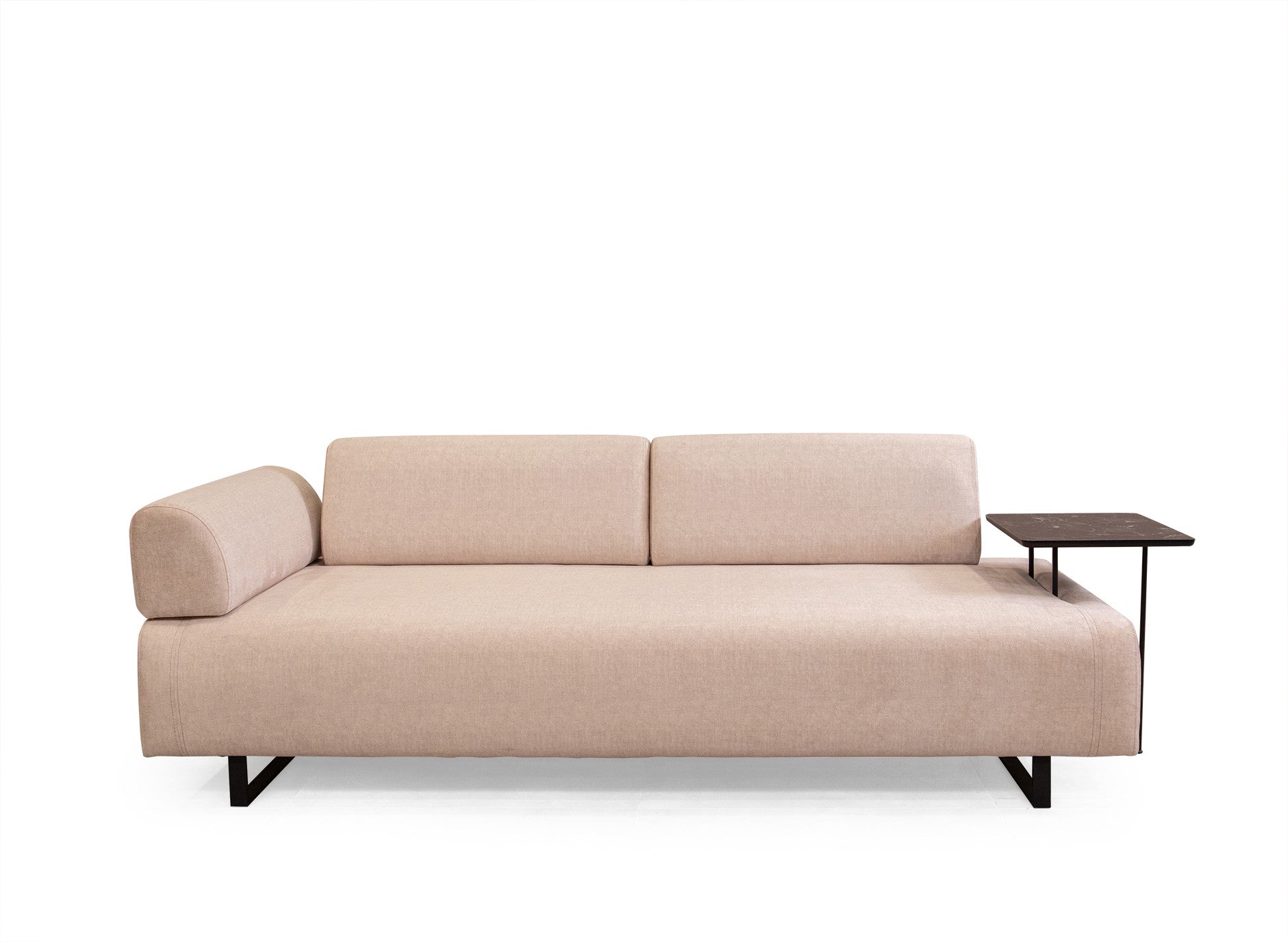 Sofá-cama bege de 3 lugares com estrutura de madeira de faia, almofadas portáteis e pernas de metal preto | 220x90x80 cm | Elegante e funcional para espaços de convivência modernos