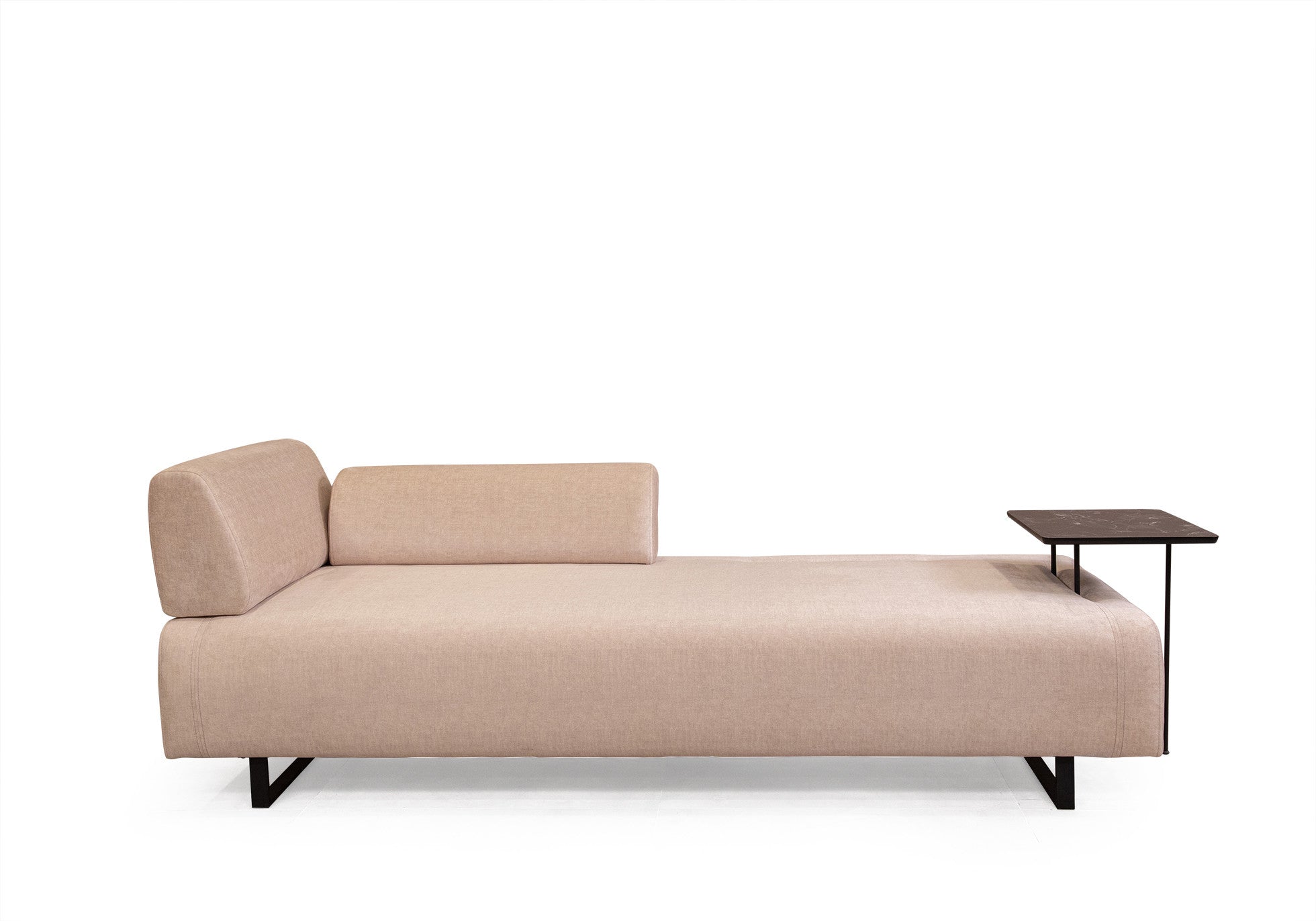 Sofá-cama bege de 3 lugares com estrutura de madeira de faia, almofadas portáteis e pernas de metal preto | 220x90x80 cm | Elegante e funcional para espaços de convivência modernos