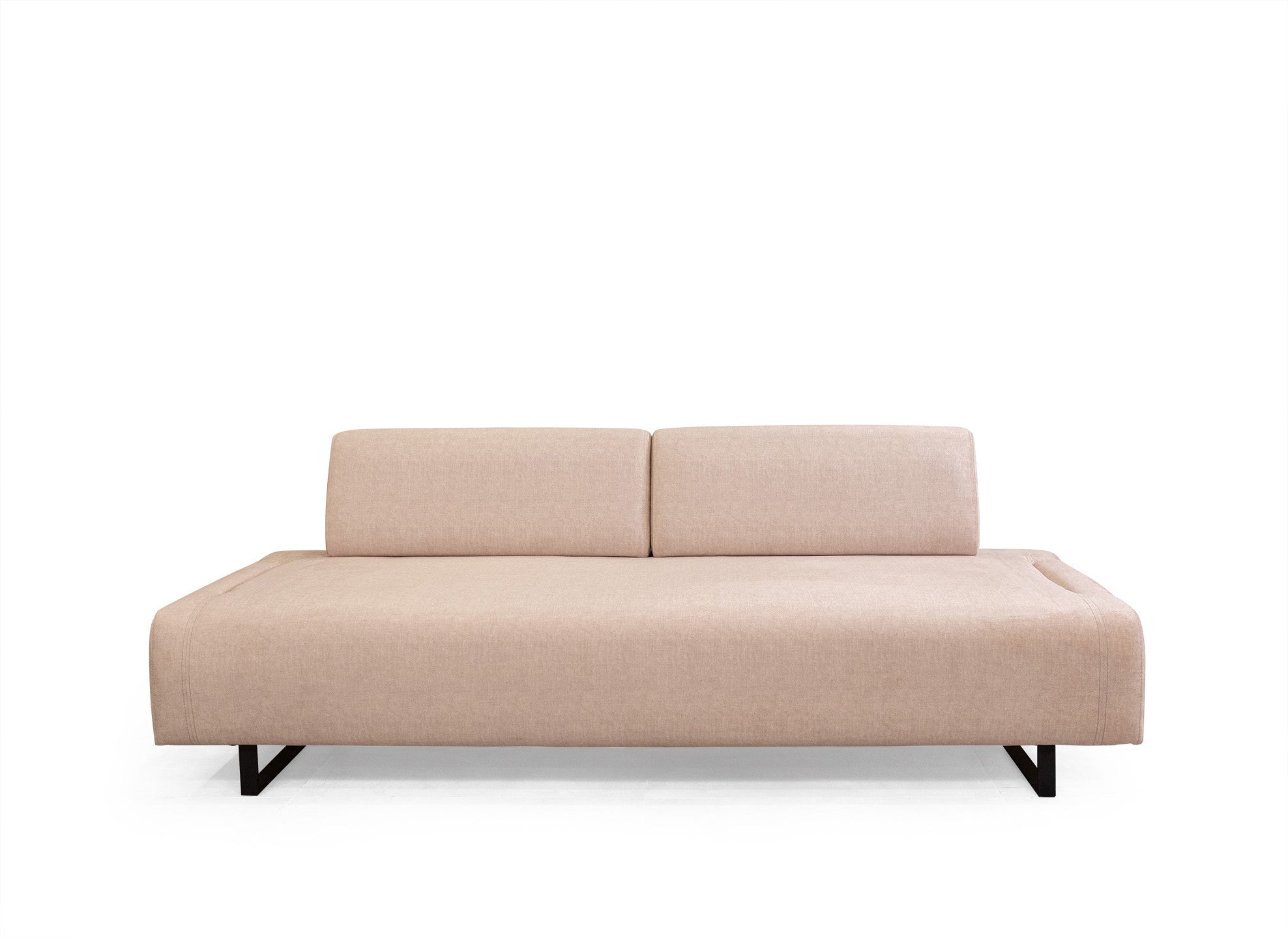 Sofá-cama bege de 3 lugares com estrutura de madeira de faia, almofadas portáteis e pernas de metal preto | 220x90x80 cm | Elegante e funcional para espaços de convivência modernos