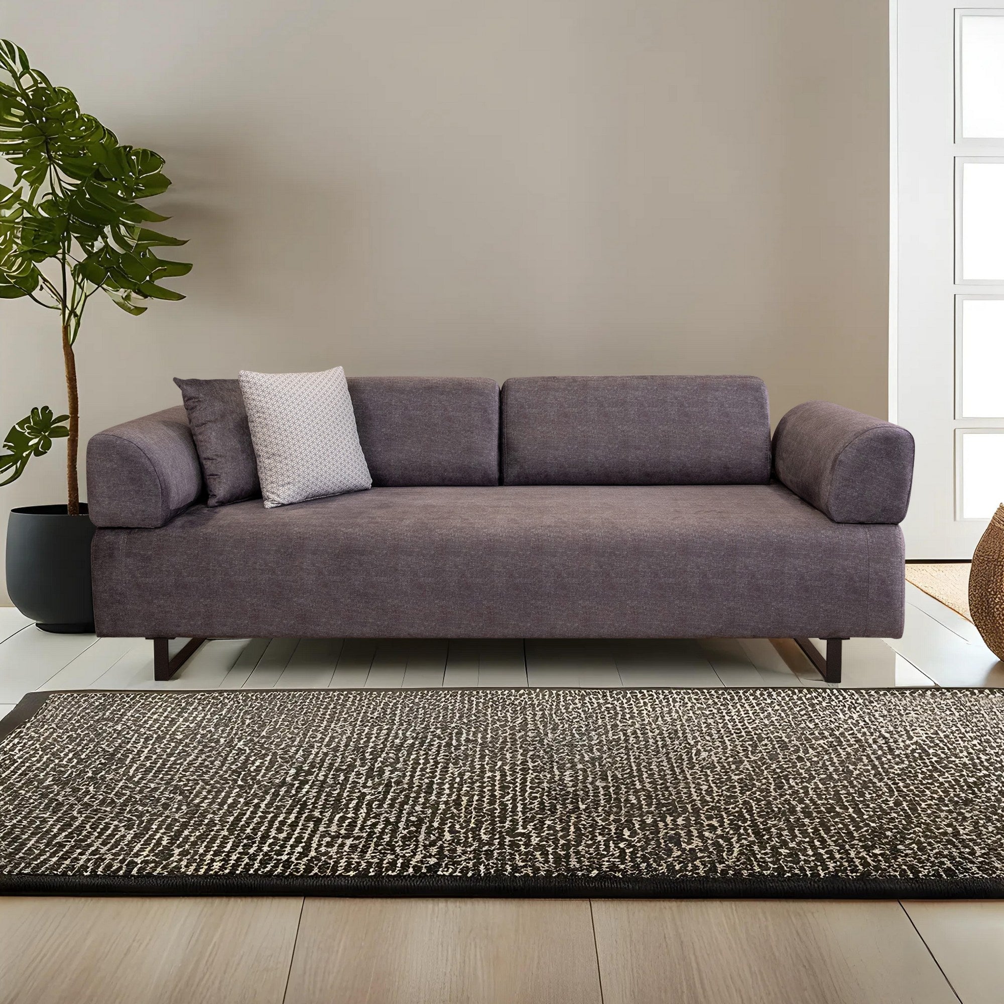 Sofá-cama de 3 lugares, antracite, 220 cm | Estrutura em madeira de faia e aglomerado, 100% poliéster, almofadas portáteis, pernas de metal preto | Design elegante e funcional