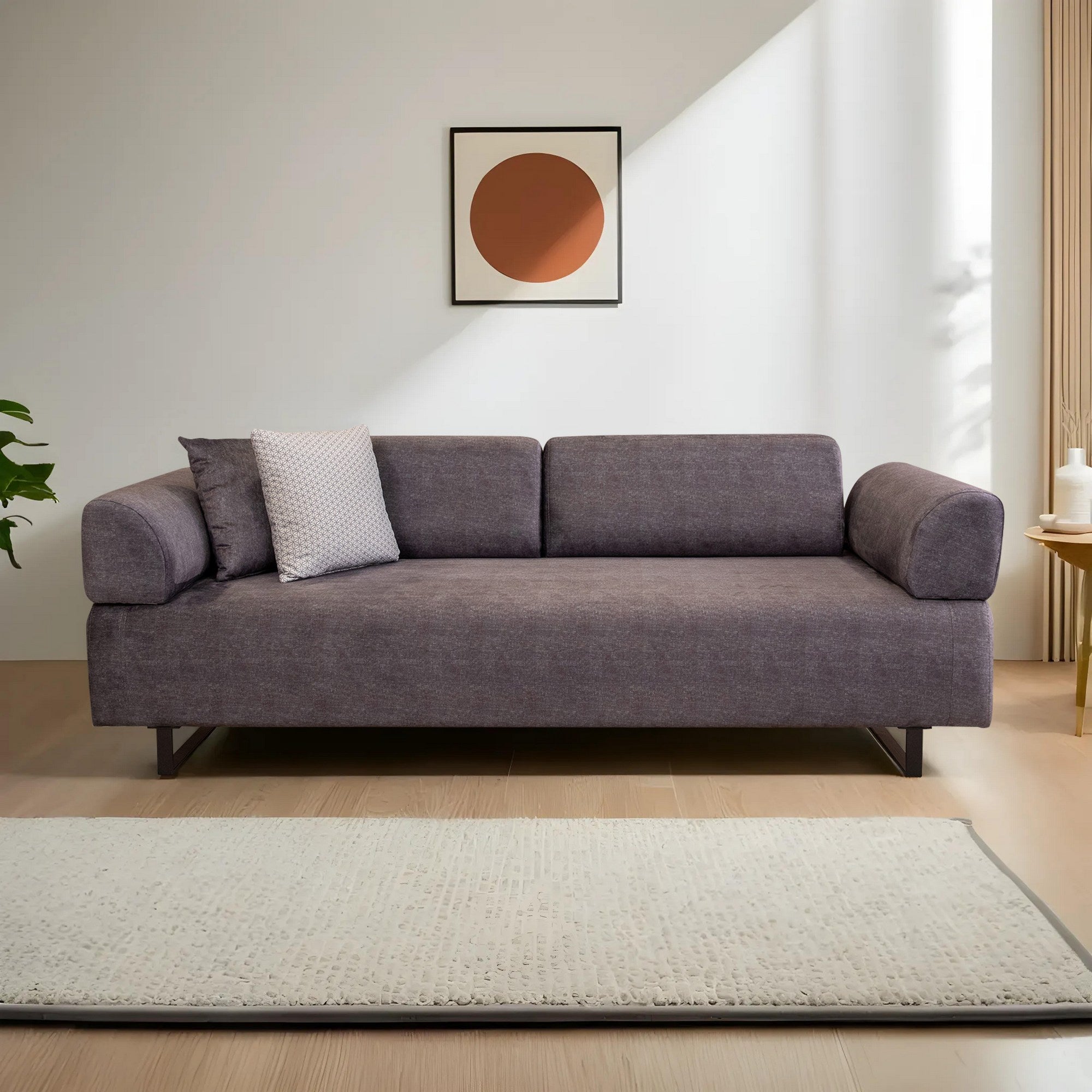 Sofá-cama de 3 lugares, antracite, 220 cm | Estrutura em madeira de faia e aglomerado, 100% poliéster, almofadas portáteis, pernas de metal preto | Design elegante e funcional