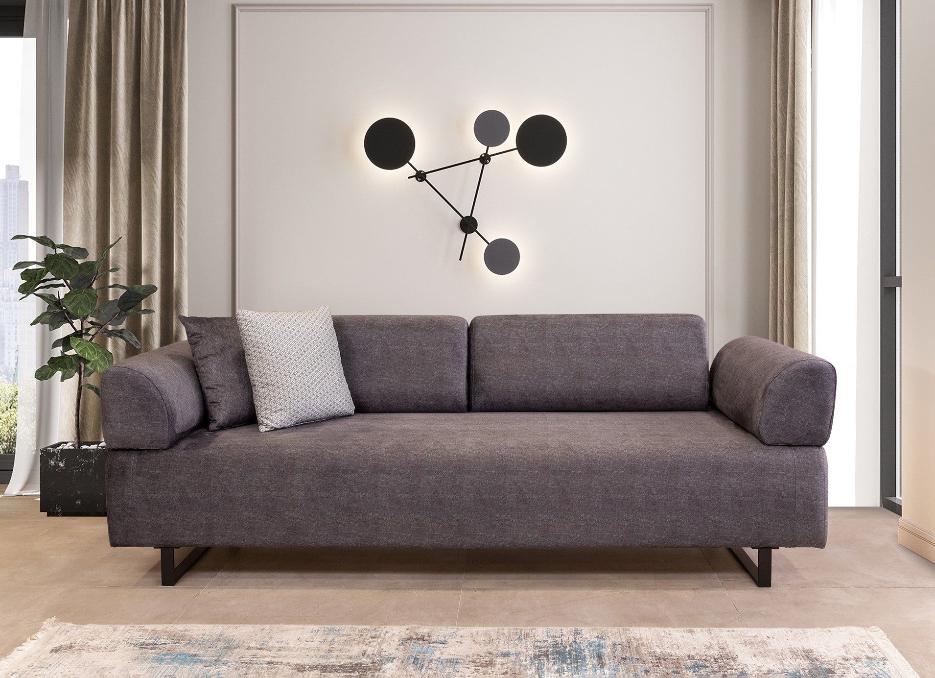 Sofá-cama de 3 lugares, antracite, 220 cm | Estrutura em madeira de faia, 100% poliéster, almofadas portáteis, pernas de metal preto | Elegante e funcional para uma vida moderna