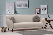 Sofá elegante de 3 lugares, bege, 220 cm | Estrutura em madeira de faia, 100% poliéster, almofadas de espuma macia, inclui 2 travesseiros | Perfeito para salas de estar modernas