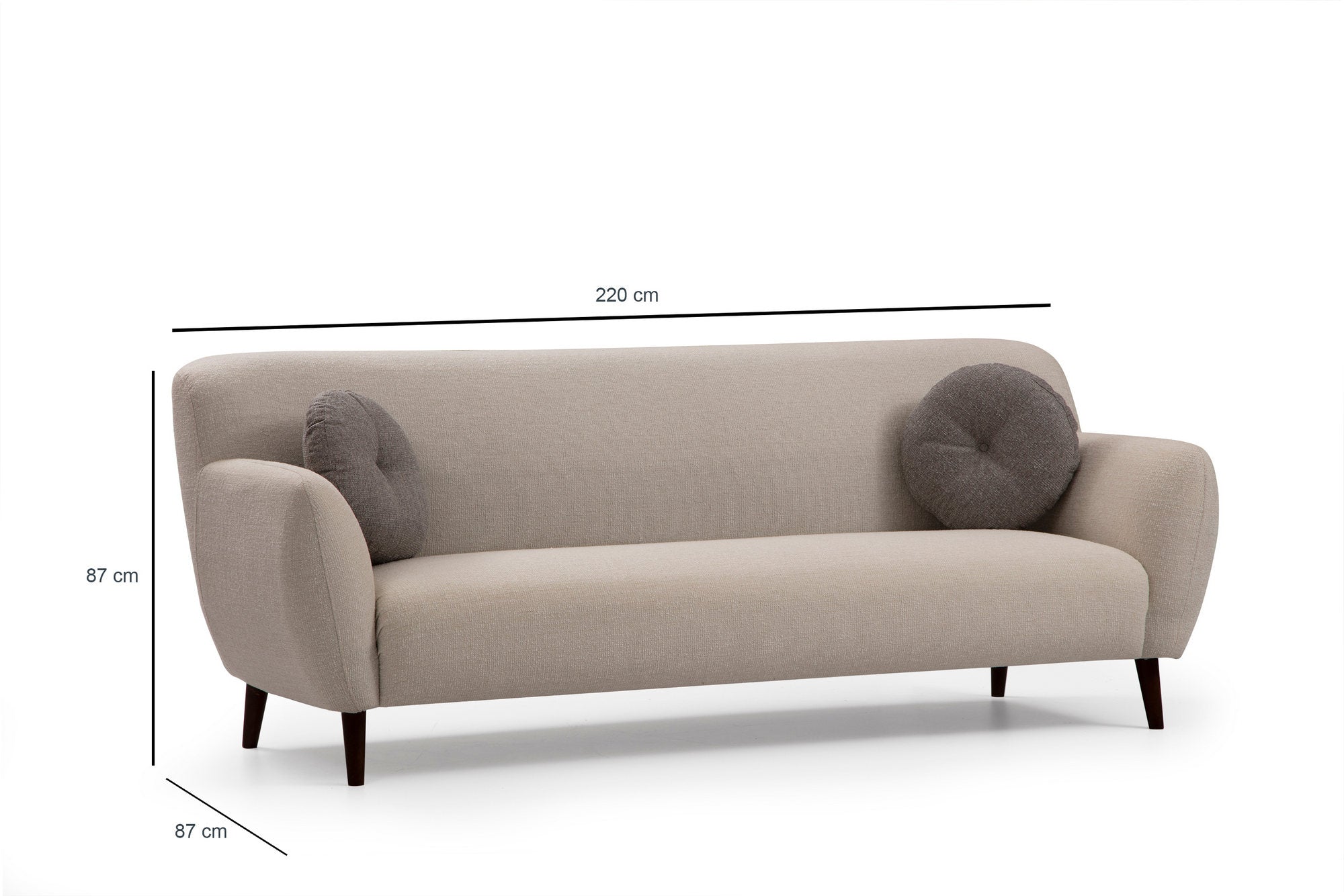 Sofá elegante de 3 lugares, bege, 220 cm | Estrutura em madeira de faia, 100% poliéster, almofadas de espuma macia, inclui 2 travesseiros | Perfeito para salas de estar modernas
