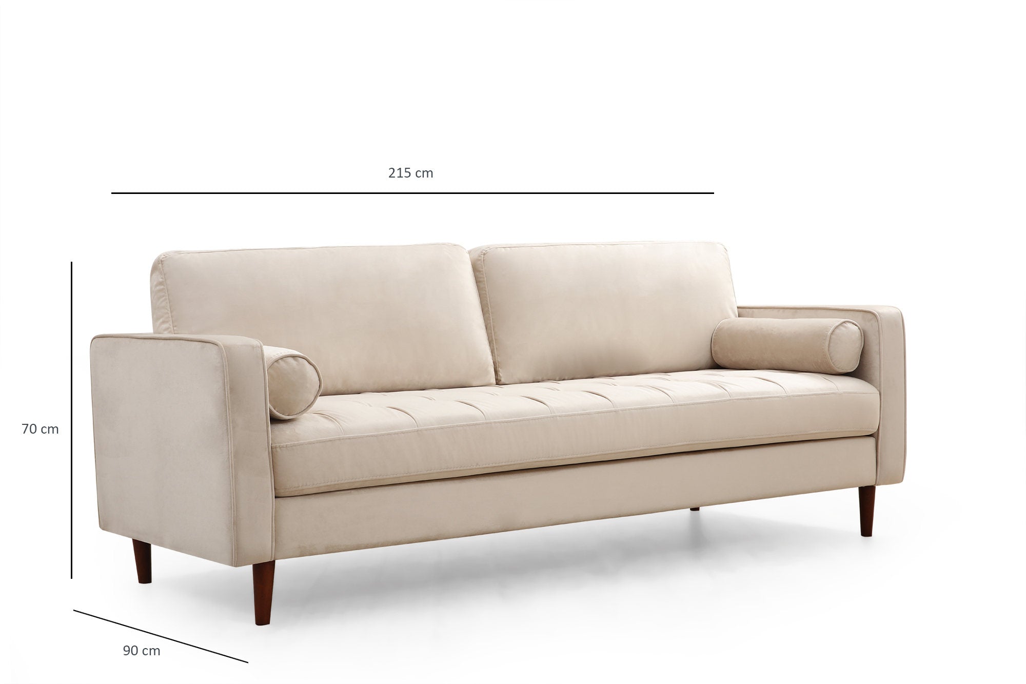 Sofá elegante de 3 lugares, bege, 215 cm | Estrutura em madeira de faia e aglomerado, 100% poliéster, 2 almofadas incluídas | Perfeito para salas de estar escandinavas modernas