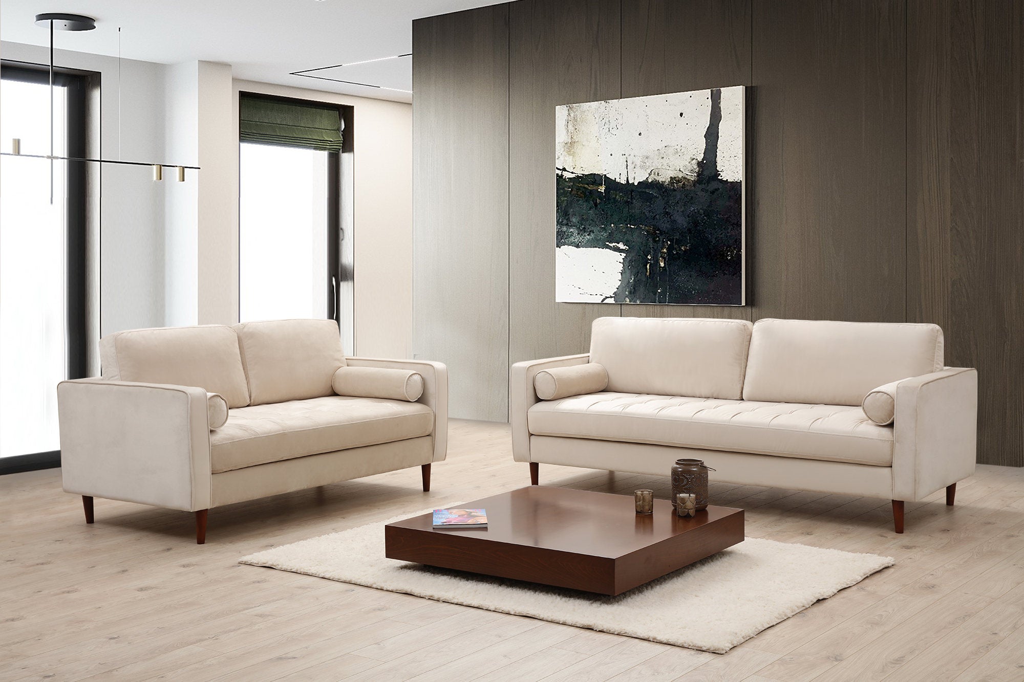 Sofá elegante de 3 lugares, bege, 215 cm | Estrutura em madeira de faia e aglomerado, 100% poliéster, 2 almofadas incluídas | Perfeito para salas de estar escandinavas modernas