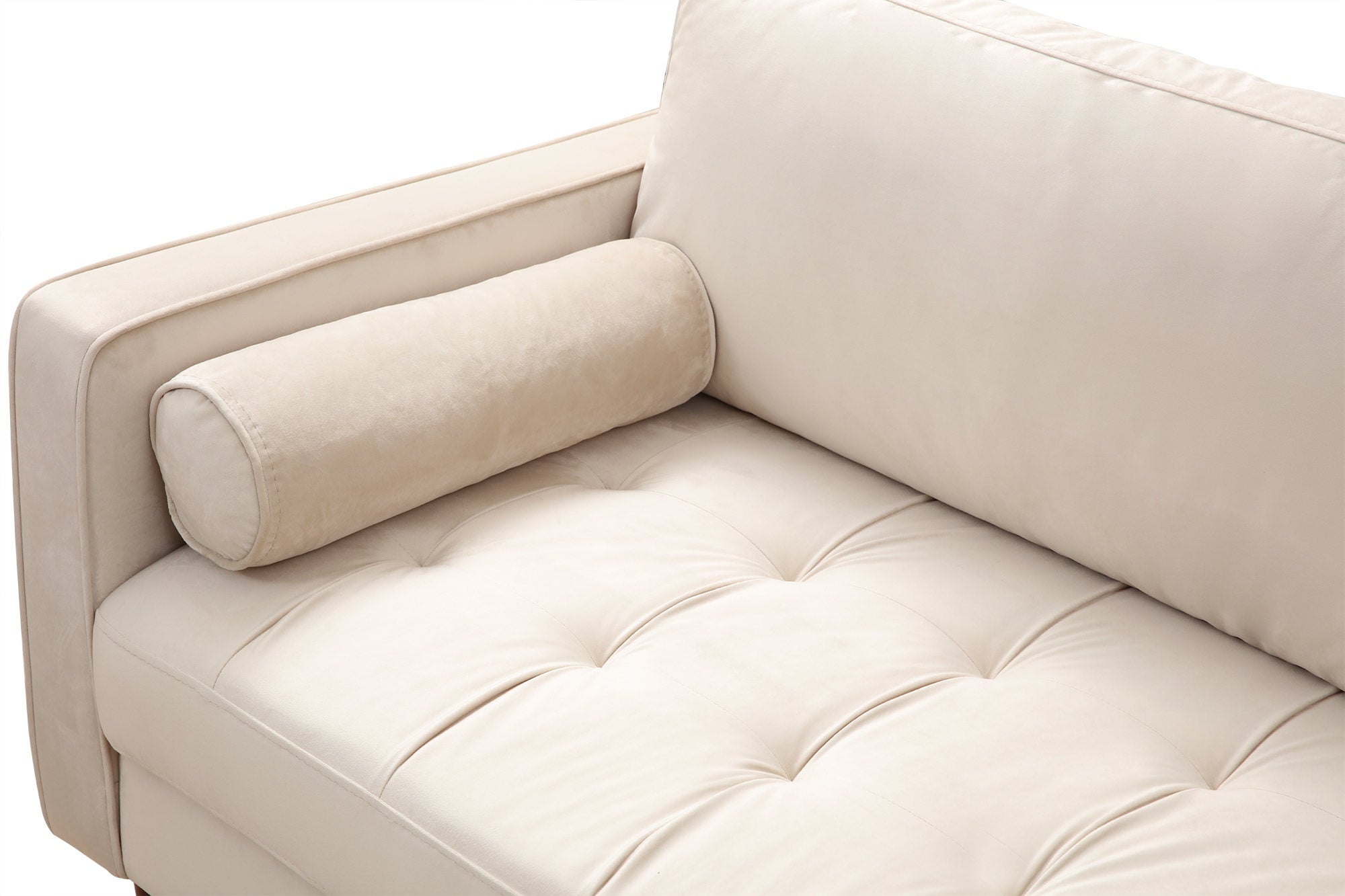 Sofá elegante de 3 lugares, bege, 215 cm | Estrutura em madeira de faia e aglomerado, 100% poliéster, 2 almofadas incluídas | Perfeito para salas de estar escandinavas modernas