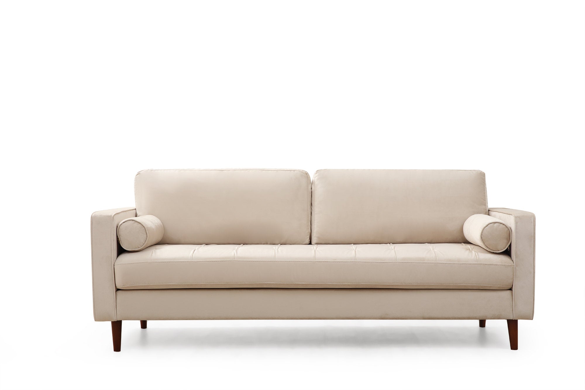 Sofá elegante de 3 lugares, bege, 215 cm | Estrutura em madeira de faia e aglomerado, 100% poliéster, 2 almofadas incluídas | Perfeito para salas de estar escandinavas modernas