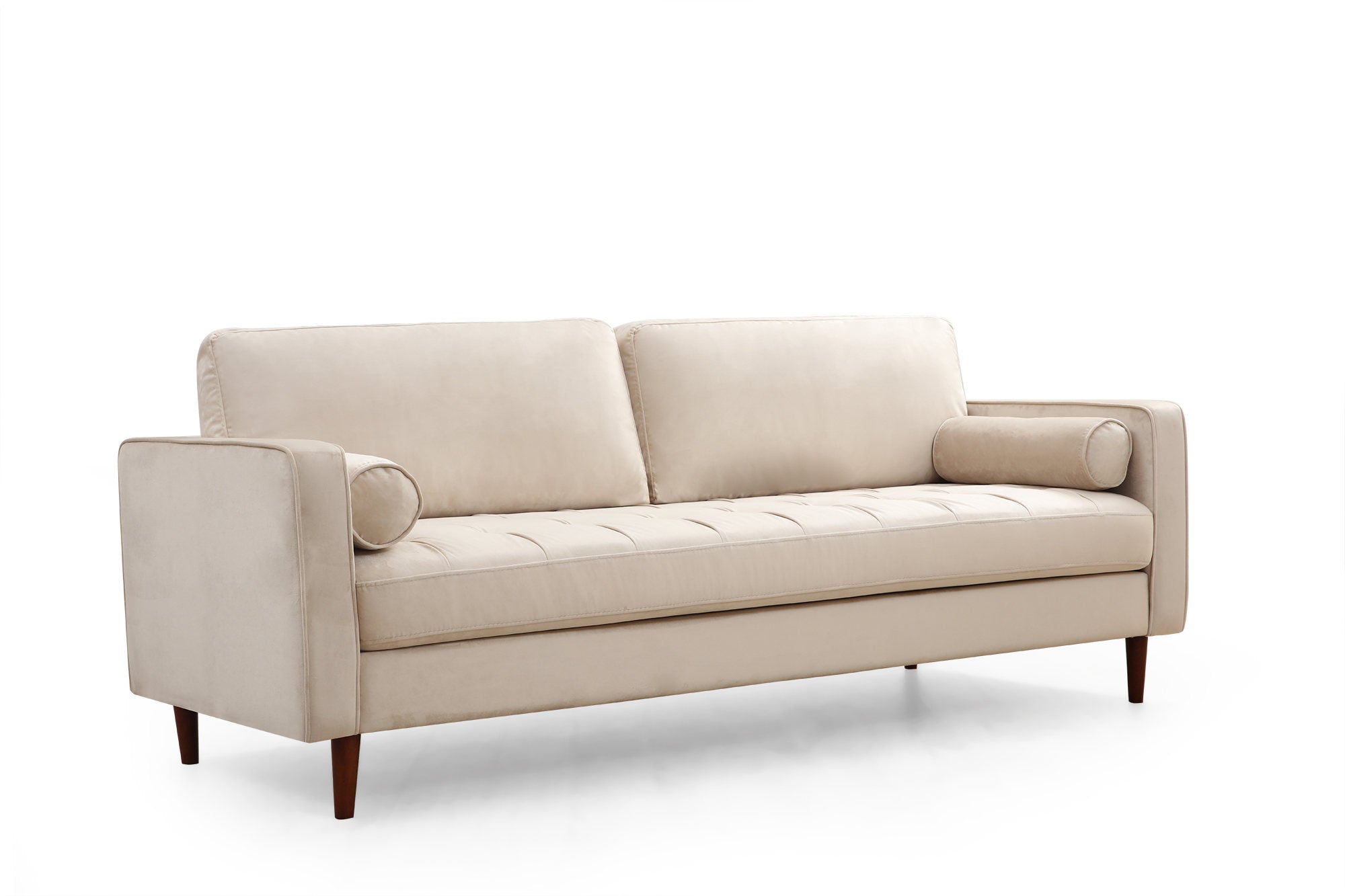 Sofá elegante de 3 lugares, bege, 215 cm | Estrutura em madeira de faia e aglomerado, 100% poliéster, 2 almofadas incluídas | Perfeito para salas de estar escandinavas modernas