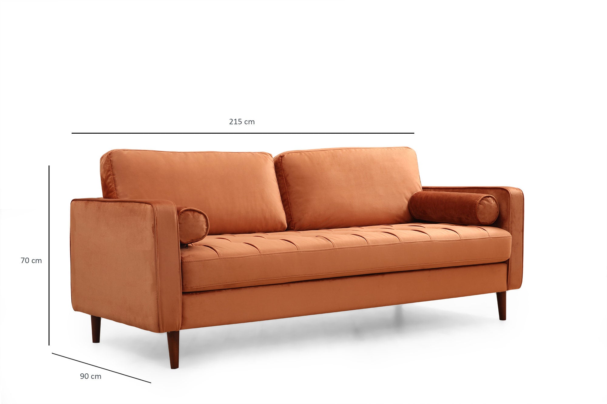 Sofá elegante de 3 lugares, laranja, 215 x 90 x 70 cm | Estrutura em madeira de faia e aglomerado, 100% poliéster, inclui 2 almofadas | Perfeito para espaços modernos