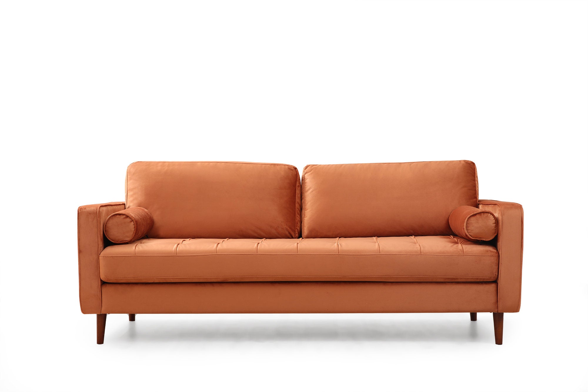 Sofá elegante de 3 lugares, laranja, 215 x 90 x 70 cm | Estrutura em madeira de faia e aglomerado, 100% poliéster, inclui 2 almofadas | Perfeito para espaços modernos