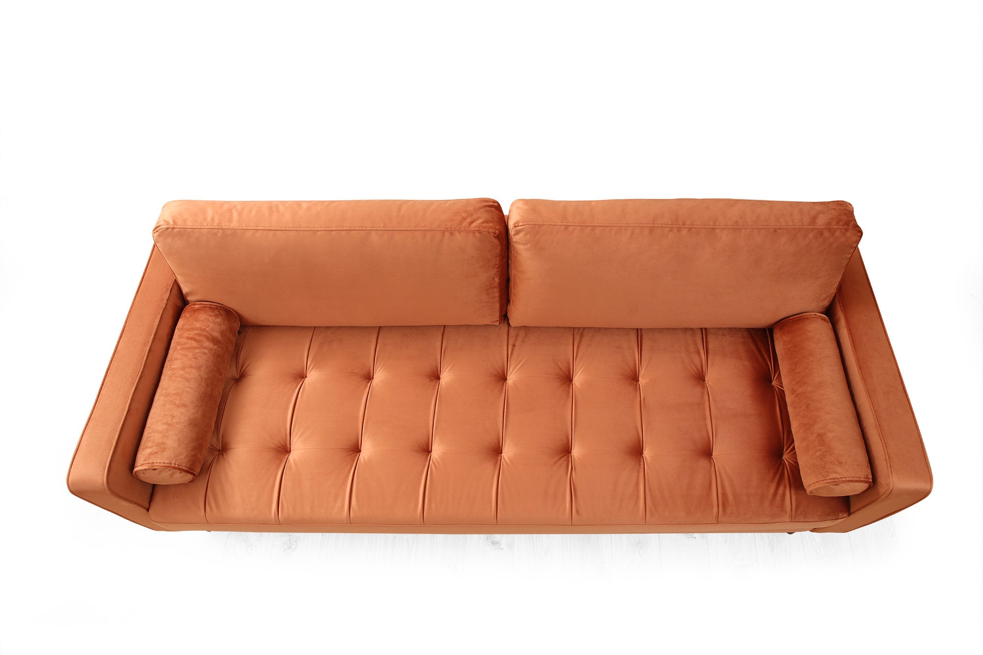 Sofá elegante de 3 lugares, laranja, 215 x 90 x 70 cm | Estrutura em madeira de faia e aglomerado, 100% poliéster, inclui 2 almofadas | Perfeito para espaços modernos