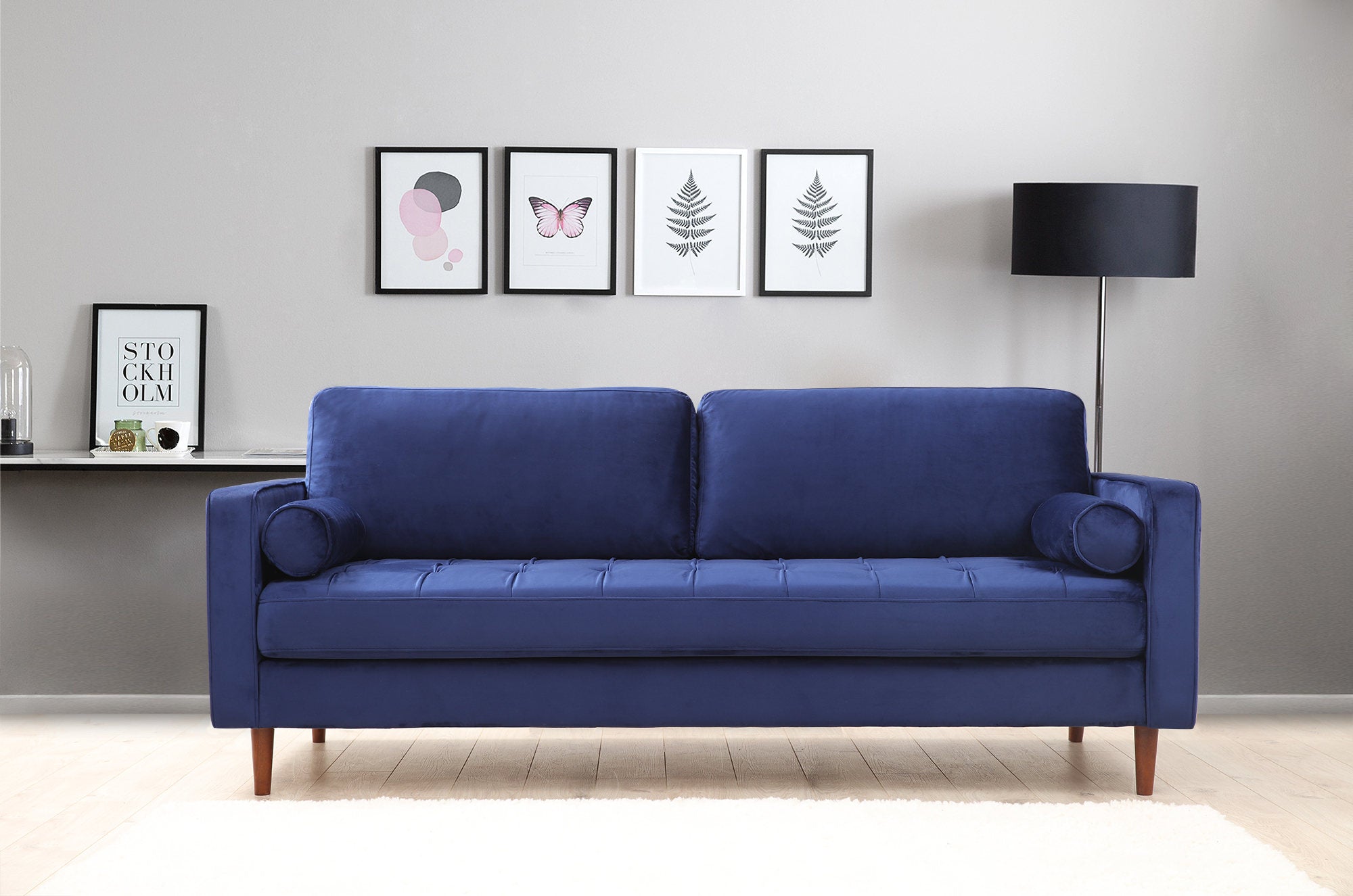 Sofá elegante de 3 lugares, azul-marinho, 215 x 90 x 70 cm | Estrutura em madeira de faia, 100% poliéster, inclui 2 almofadas | Perfeito para salas de estar modernas e hotéis