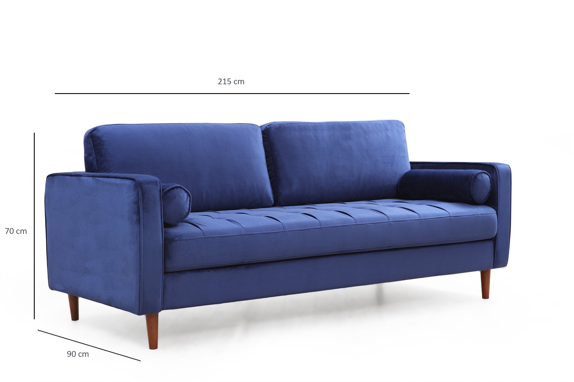 Sofá elegante de 3 lugares, azul-marinho, 215 x 90 x 70 cm | Estrutura em madeira de faia, 100% poliéster, inclui 2 almofadas | Perfeito para salas de estar modernas e hotéis