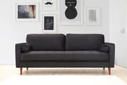 Sofá elegante de 3 lugares, estrutura de madeira de faia e aglomerado, 215 cm | 100% poliéster, espuma cinza e almofadas de silicone | Design elegante em preto e carvalho, perfeito para espaços modernos