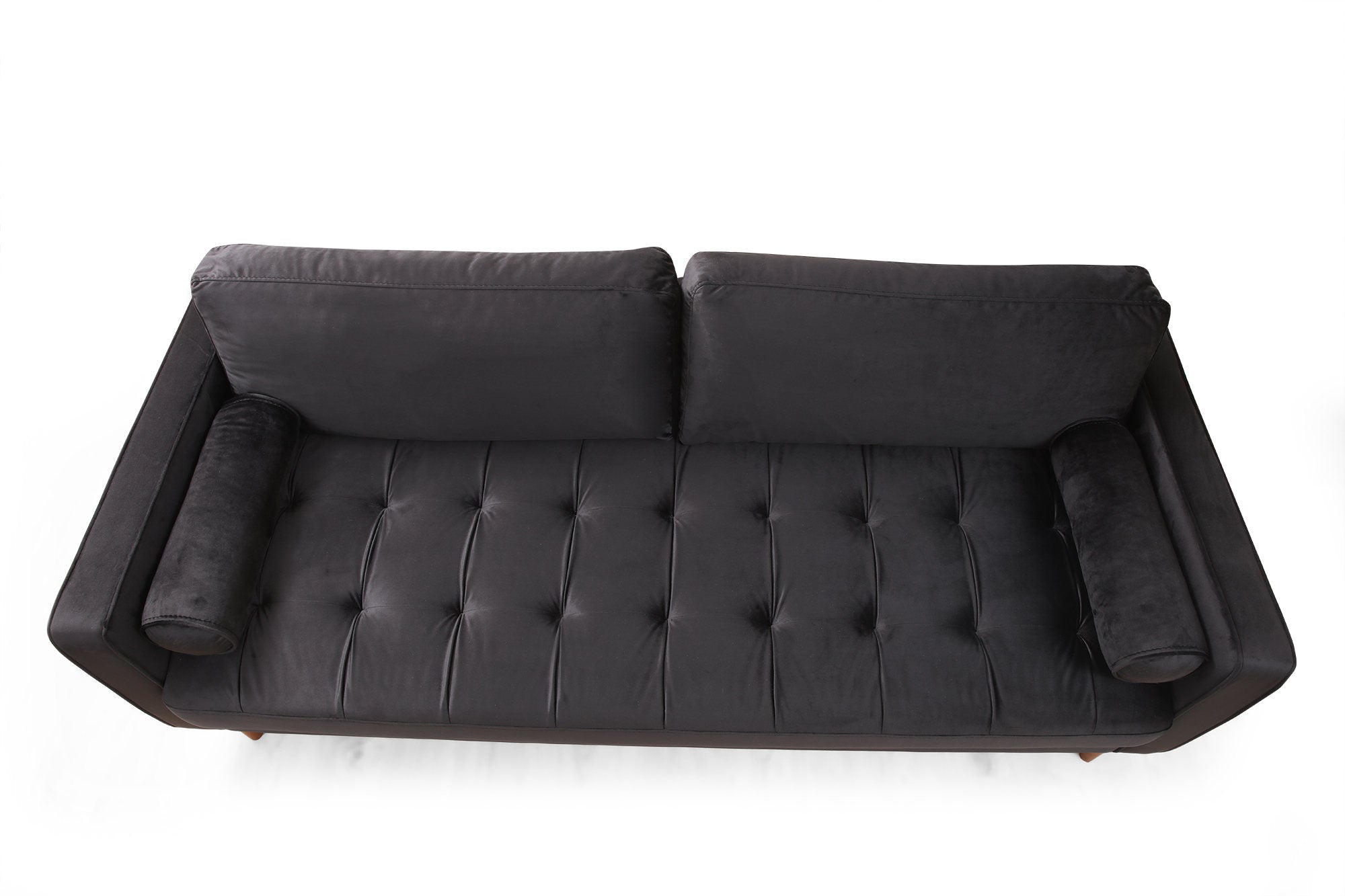 Sofá elegante de 3 lugares, estrutura de madeira de faia e aglomerado, 215 cm | 100% poliéster, espuma cinza e almofadas de silicone | Design elegante em preto e carvalho, perfeito para espaços modernos