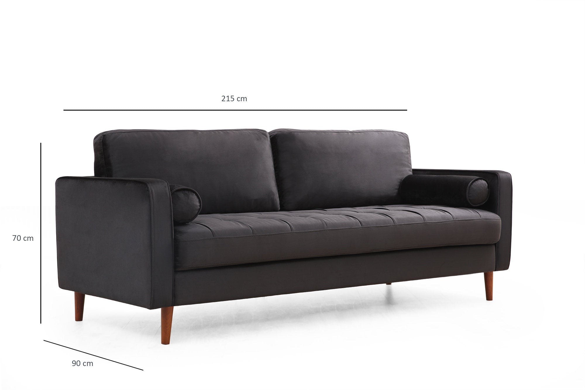 Sofá elegante de 3 lugares, estrutura de madeira de faia e aglomerado, 215 cm | 100% poliéster, espuma cinza e almofadas de silicone | Design elegante em preto e carvalho, perfeito para espaços modernos